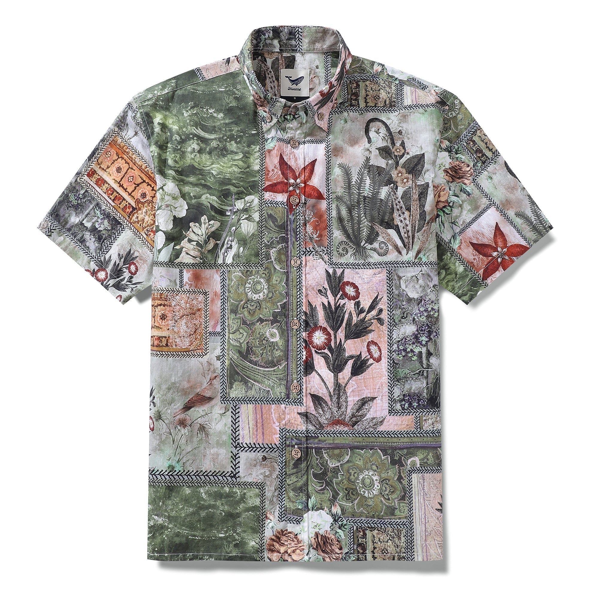 1940s Vintage Men's Hawaiian Shirt Patchwork Memories Print Cotton Button-down Short Sleeve Aloha Shirt By Sylvia