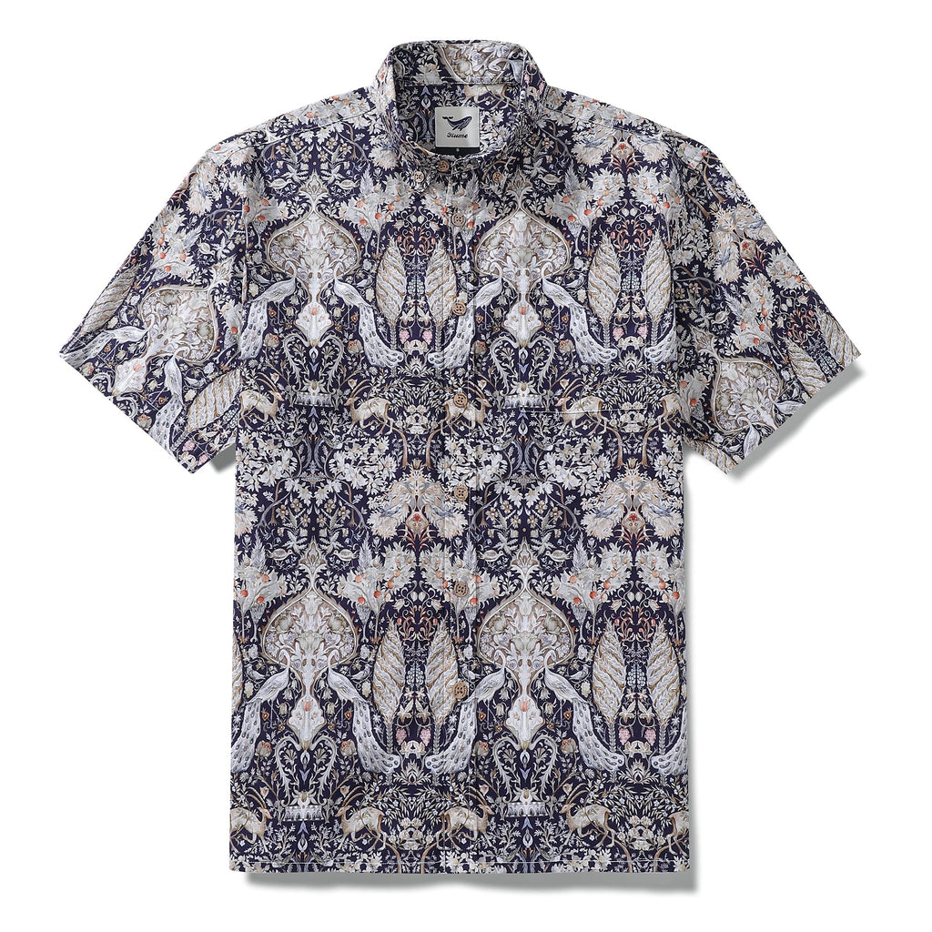 Men's Hawaiian Shirt The Garden of Serenity Cotton Button-down Short Sleeve 1940s Vintage Shirt By Sylvia