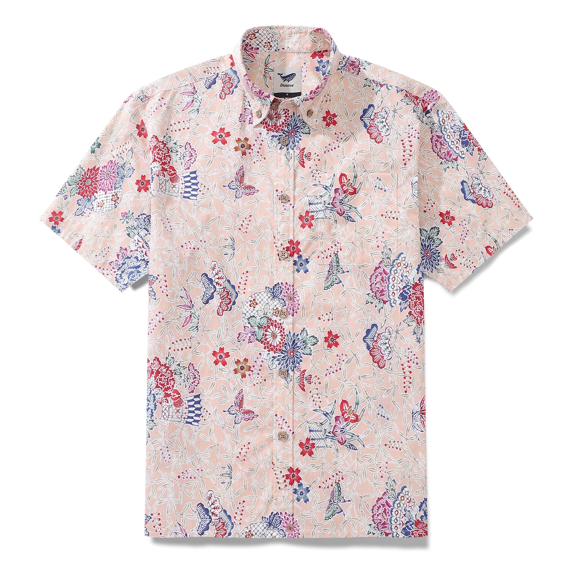 Men's Hawaiian Shirt Blossoms and Butterflies Print Cotton Button-down Short Sleeve Aloha Shirt By Amy