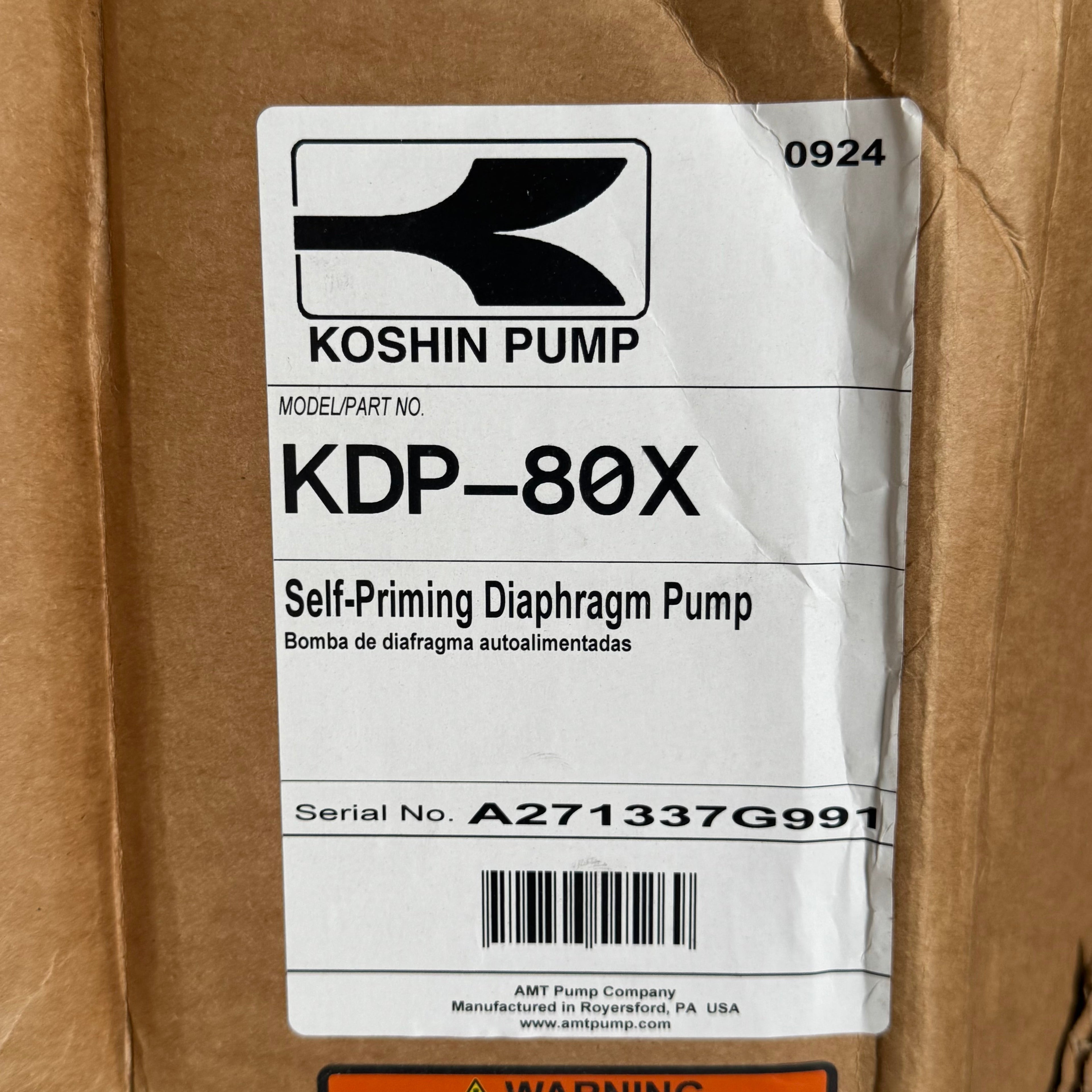 KOSHIN PUMP Self Priming Diaphragm Pump Sz 20" L x 25" W x 23" H KDP-80X