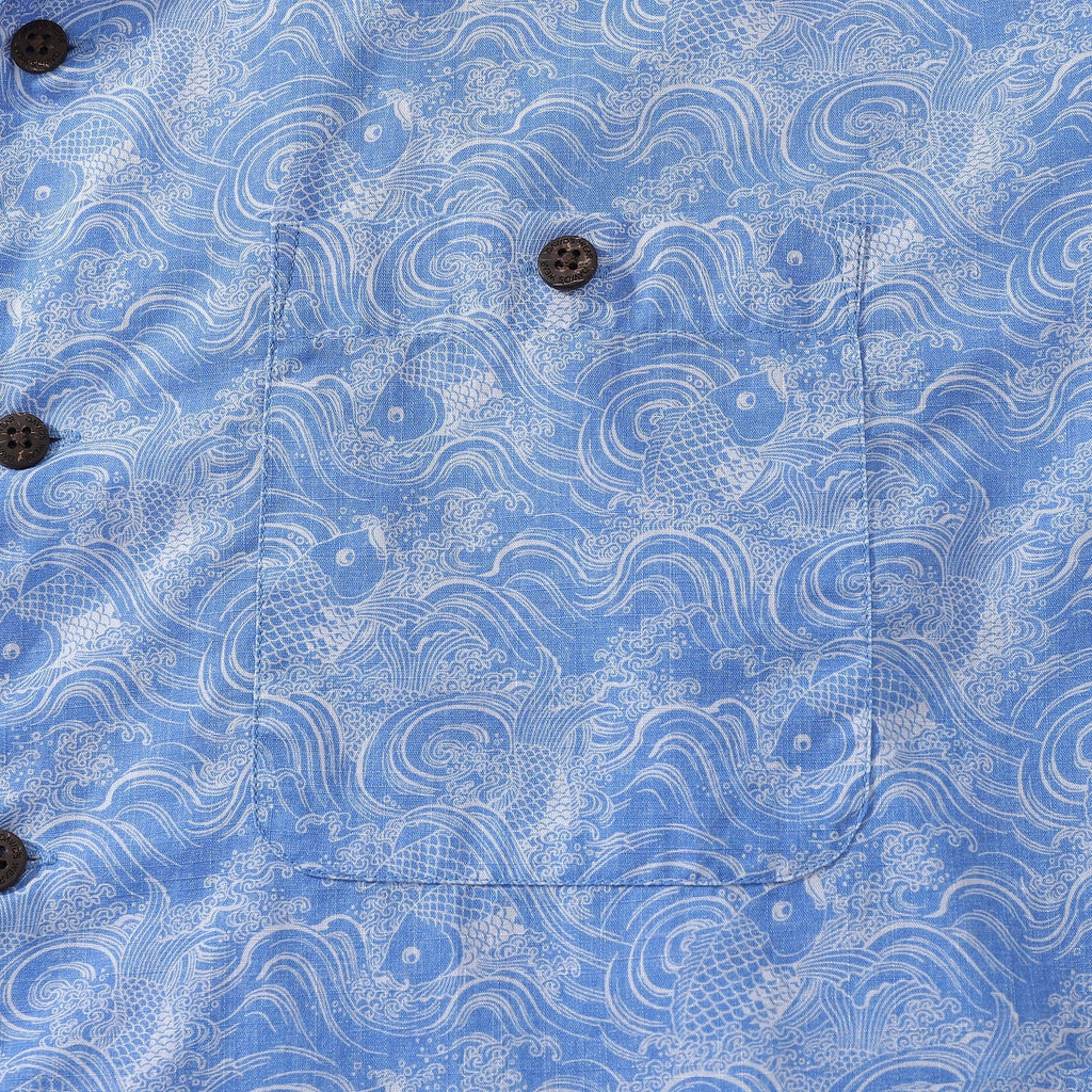 Hawaiian Shirts For Men Traditional Koi Carp Printed 100% Cotton Short Sleeve - Blue By Amy
