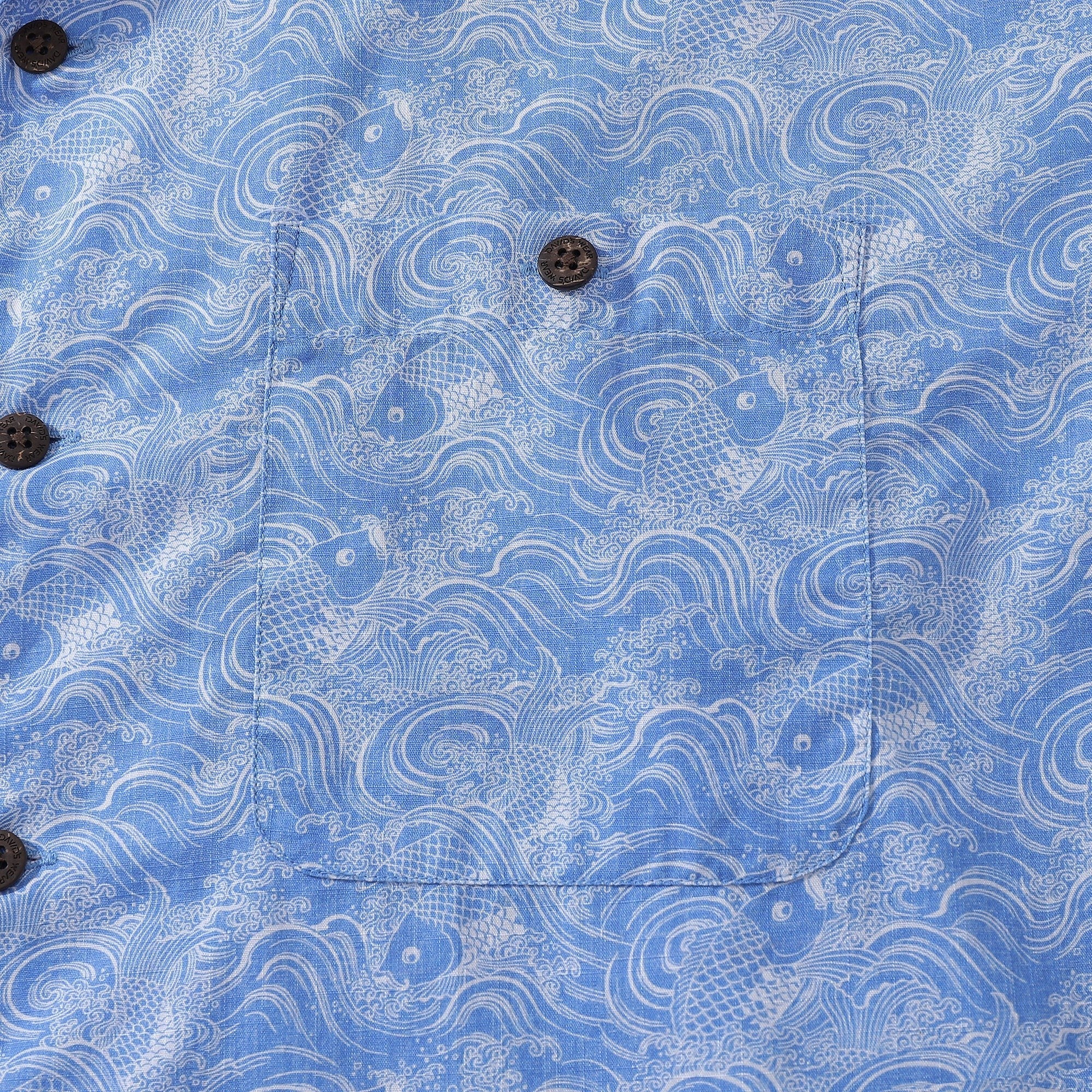 Hawaiian Shirts For Men Traditional Koi Carp Printed 100% Cotton Short Sleeve - Blue By Amy