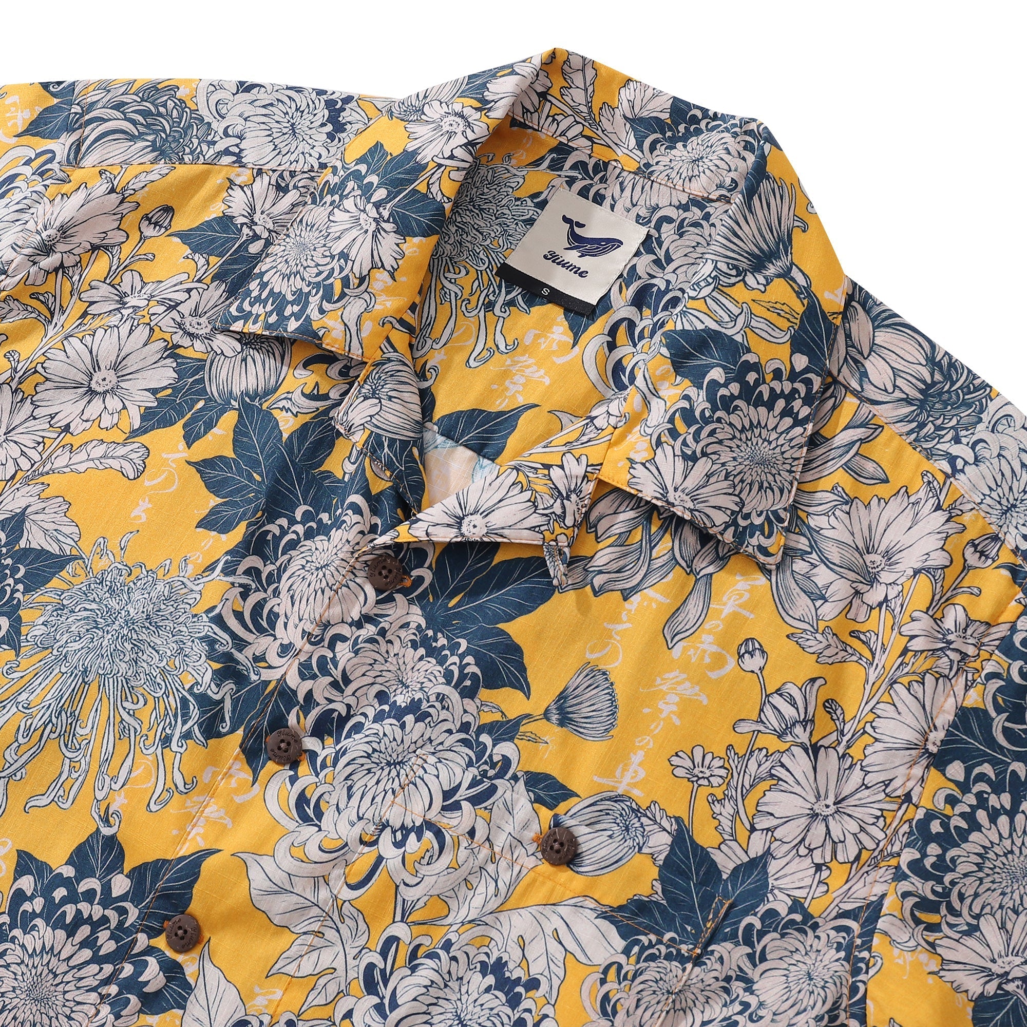 Yellow Hawaiian Shirt For Men Japanese Flower Shirt Camp Collar 100% Cotton Shirt By Yakima