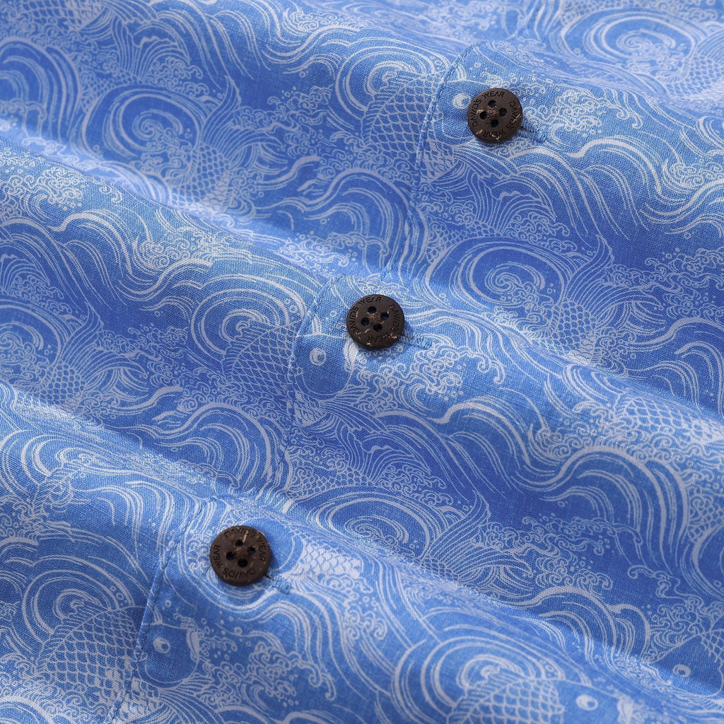 Hawaiian Shirts For Men Traditional Koi Carp Printed 100% Cotton Short Sleeve - Blue By Amy