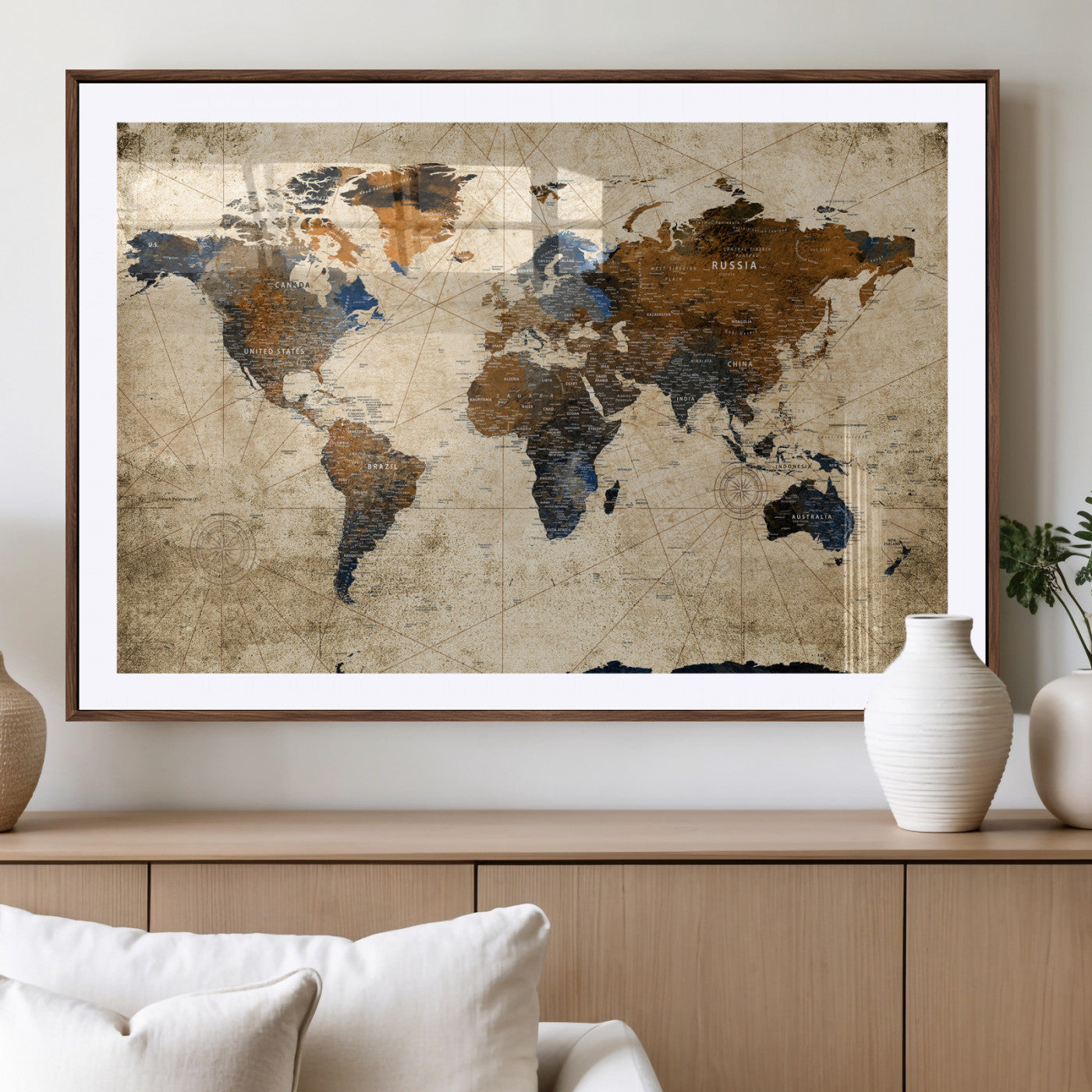 World Map Wall Art Canvas Print, Modern Decorative Framed