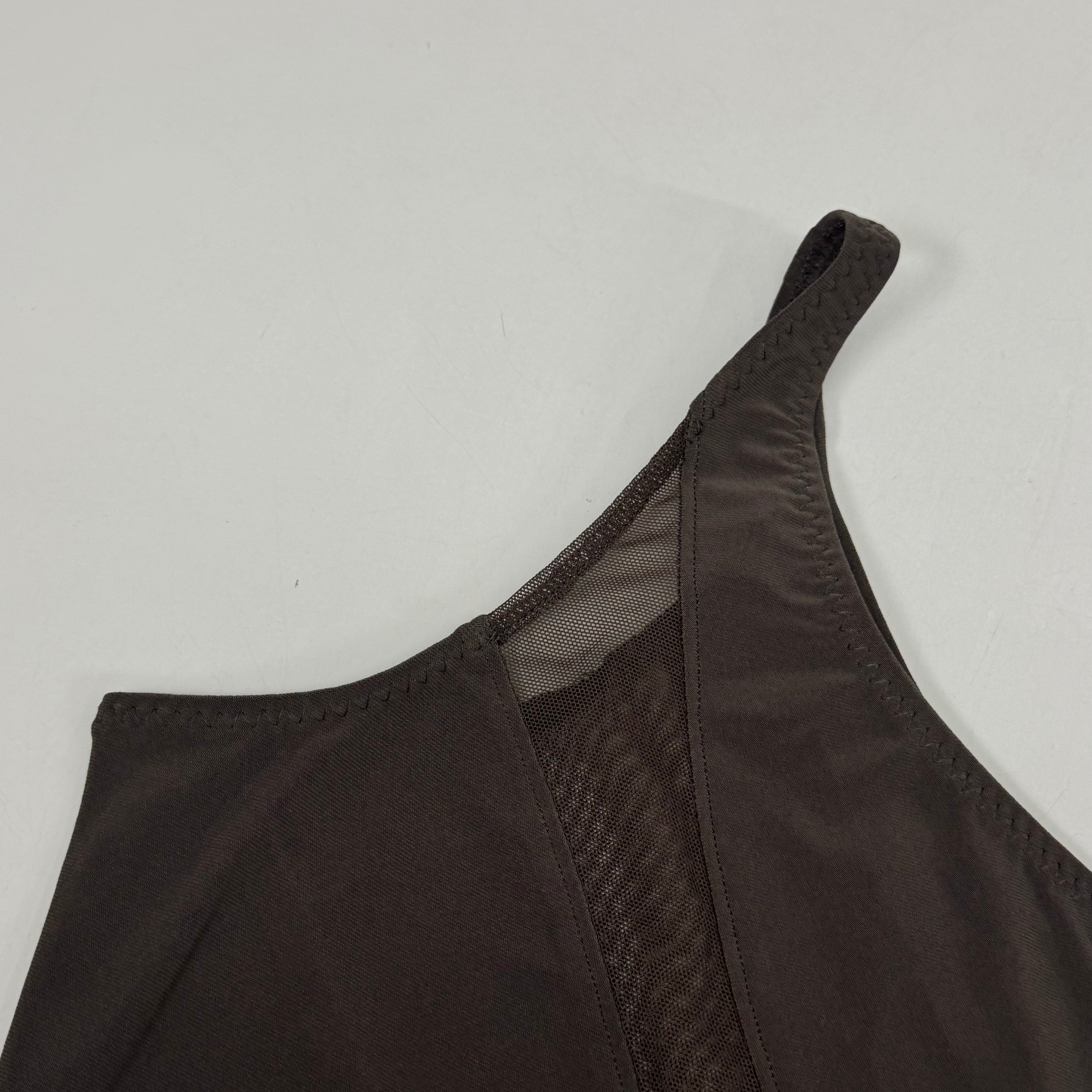 NORMA KAMALI One Shoulder Snake Mesh Catsuit Footsie Women's Sz M/38 Chocolate