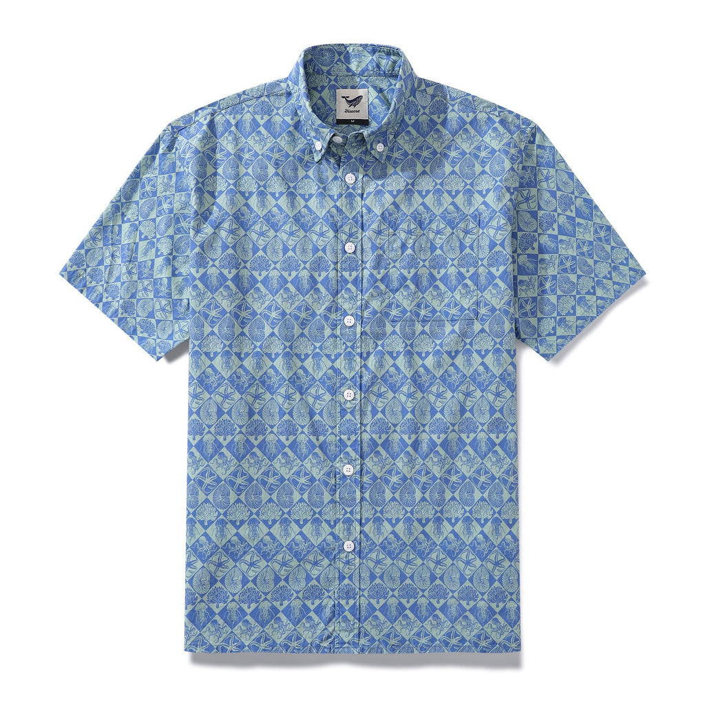 Blue Hand Painted Specimen Print 100% Cotton Button-down Shirt By Amy