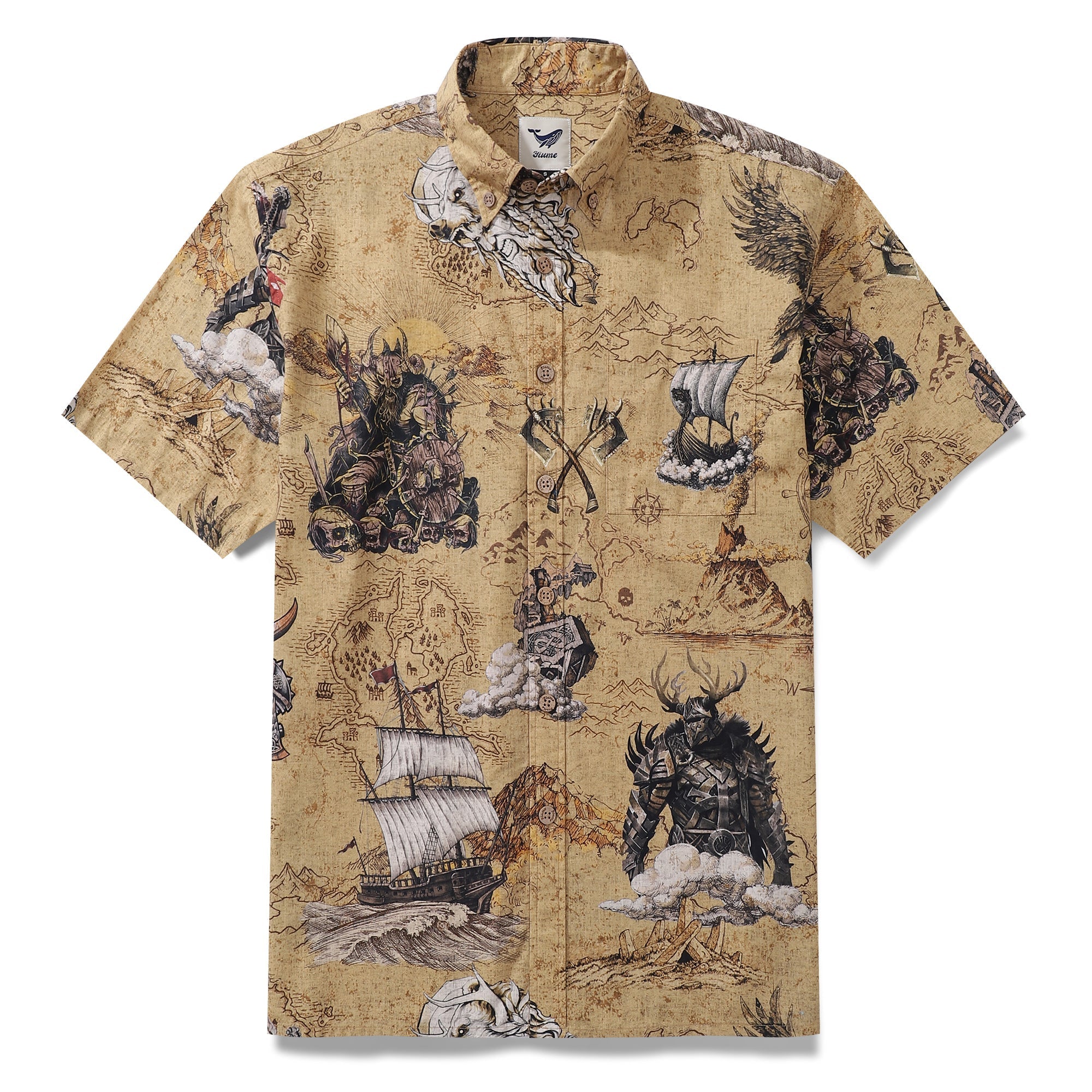 Men's Hawaiian Shirt Swashbucklers' Quest Cotton Button-down Short Sleeve Aloha Shirt By Sherry