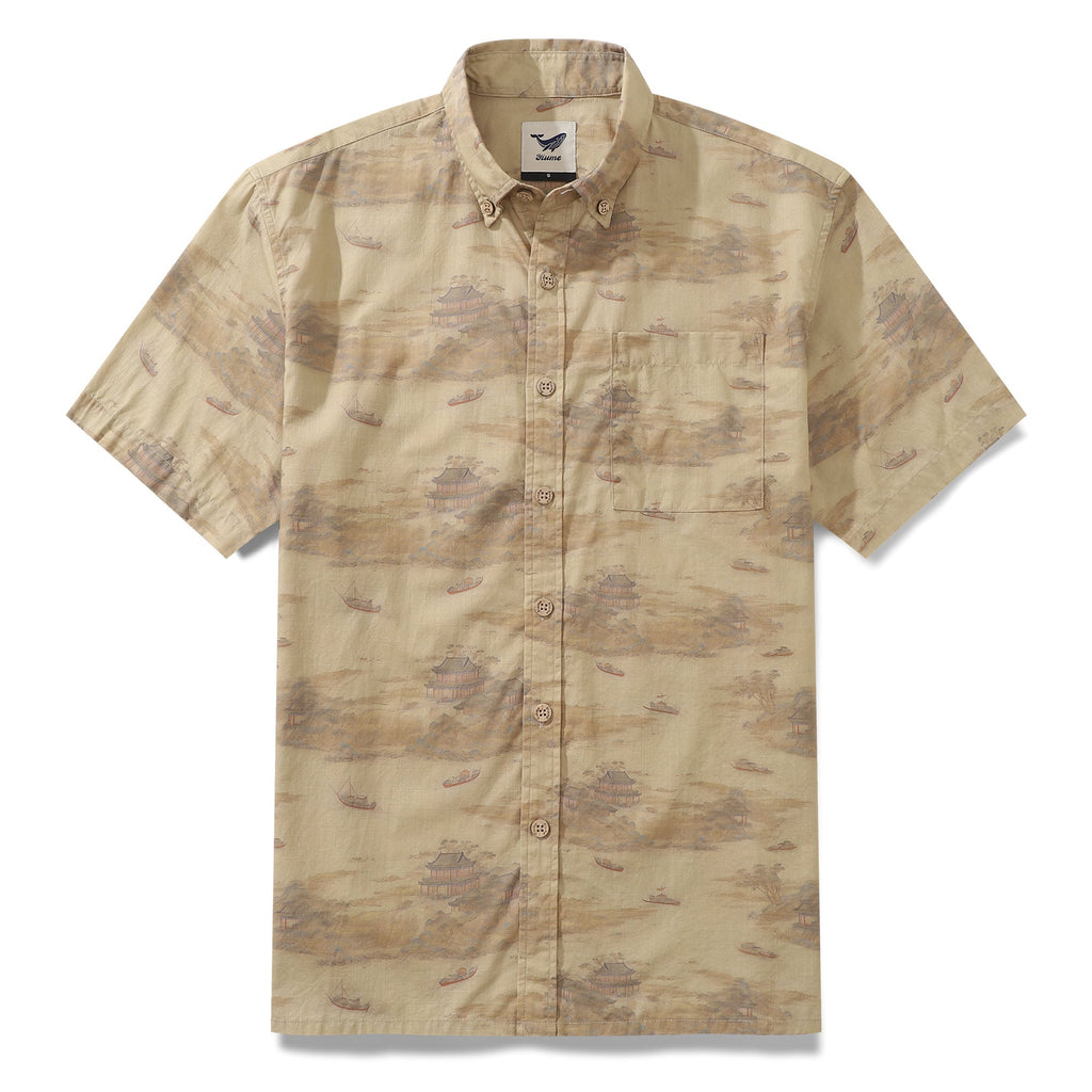1920s Vintage Men's Hawaiian Shirt Serenity along the Riverbank Cotton Button-down Short Sleeve Aloha Shirt By Cigar