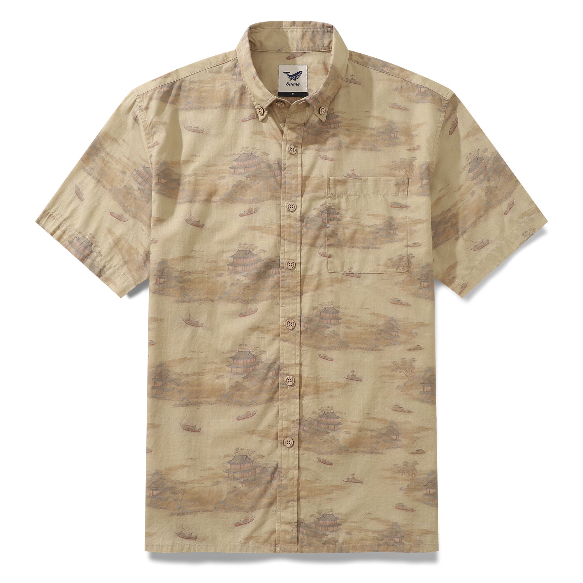 1920s Vintage Men's Hawaiian Shirt Serenity along the Riverbank Cotton Button-down Short Sleeve Aloha Shirt By Cigar
