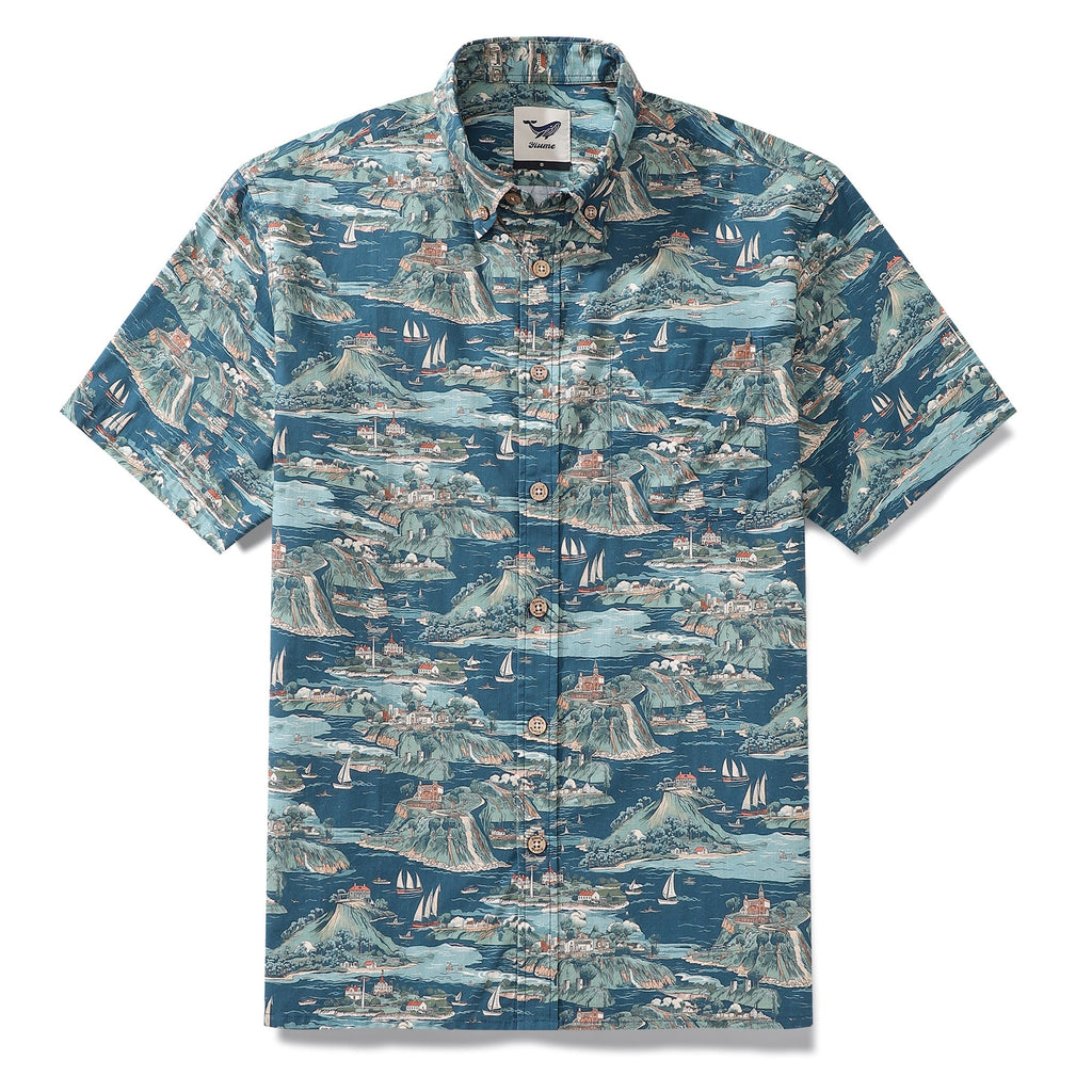 Men's Hawaiian Shirt Azure Dreams Print Cotton Button-down Short Sleeve Aloha Shirt By Amy