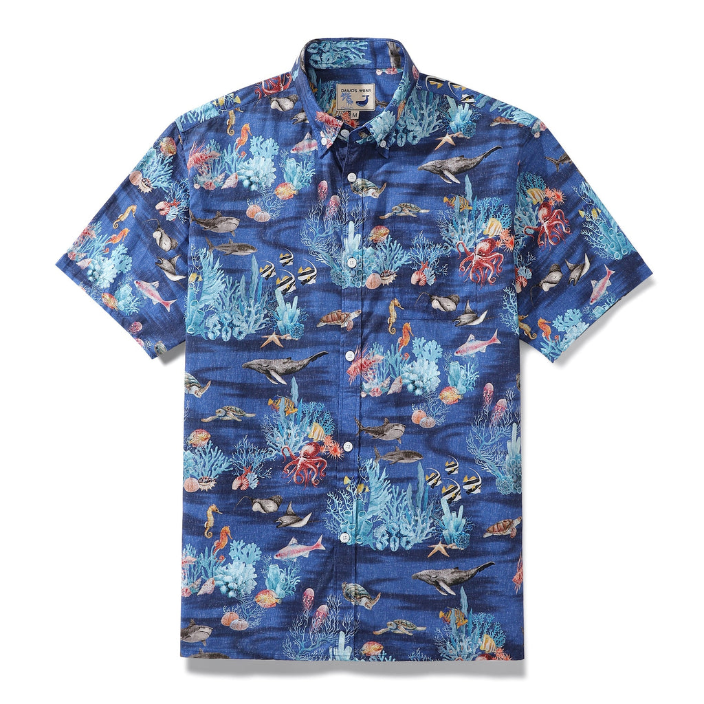 Hawaiian Shirt For Men Blue Short Sleeve Ocean Marine Life Aloha Shirt By Amy