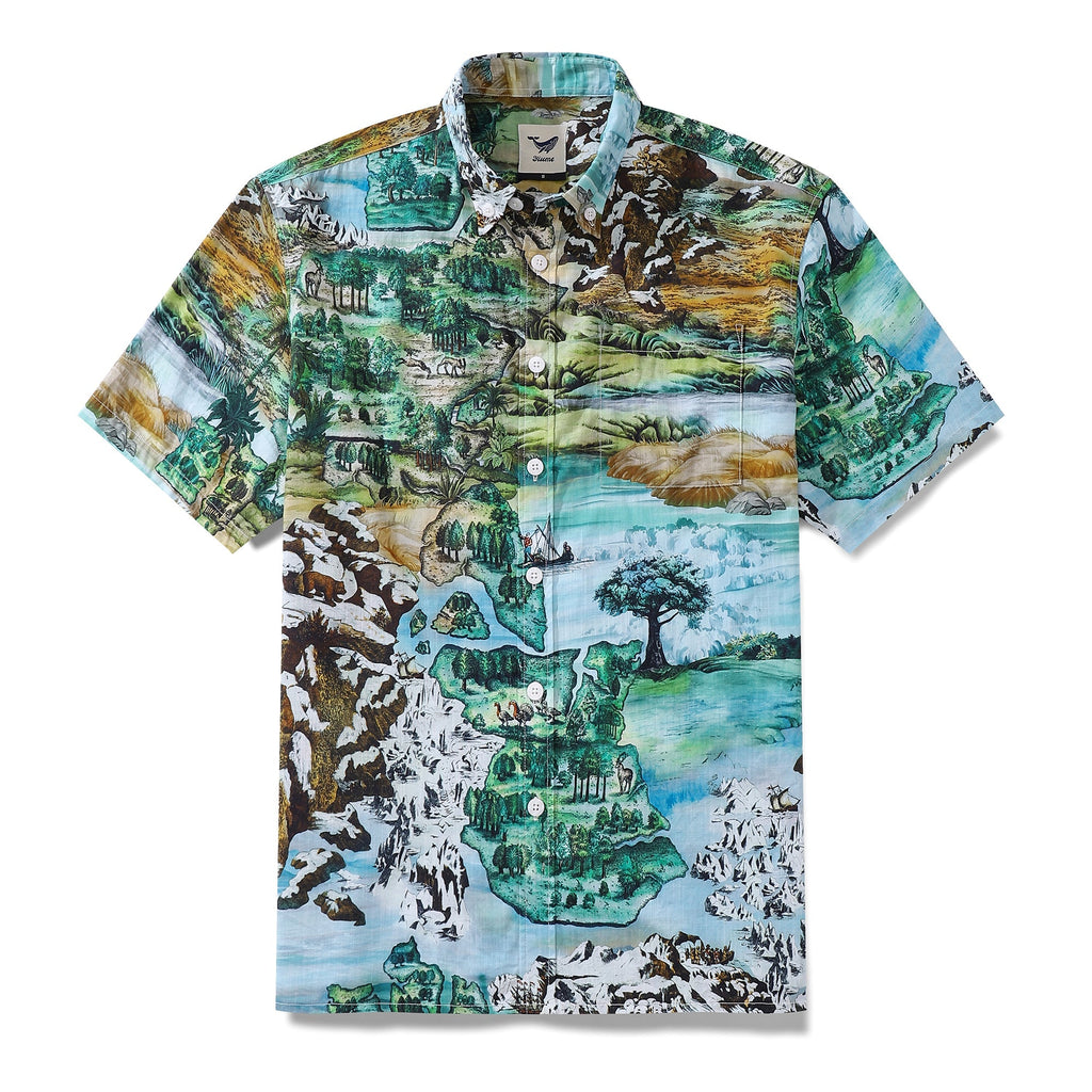 Men's Hawaiian Shirt 1950s Vintage Map Print Cotton Button-down Short Sleeve Aloha Shirt By Sylvia
