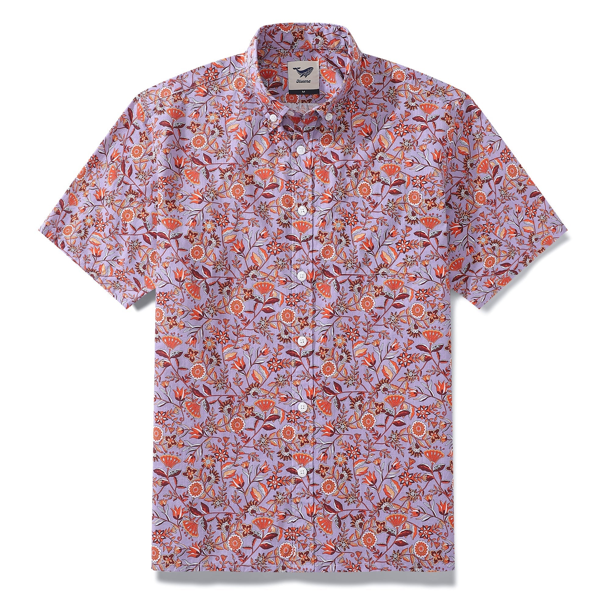 Men's Hawaiian Shirt Purple Orange Multicolored Print Cotton Button-down Short Sleeve Aloha Shirt By Amy
