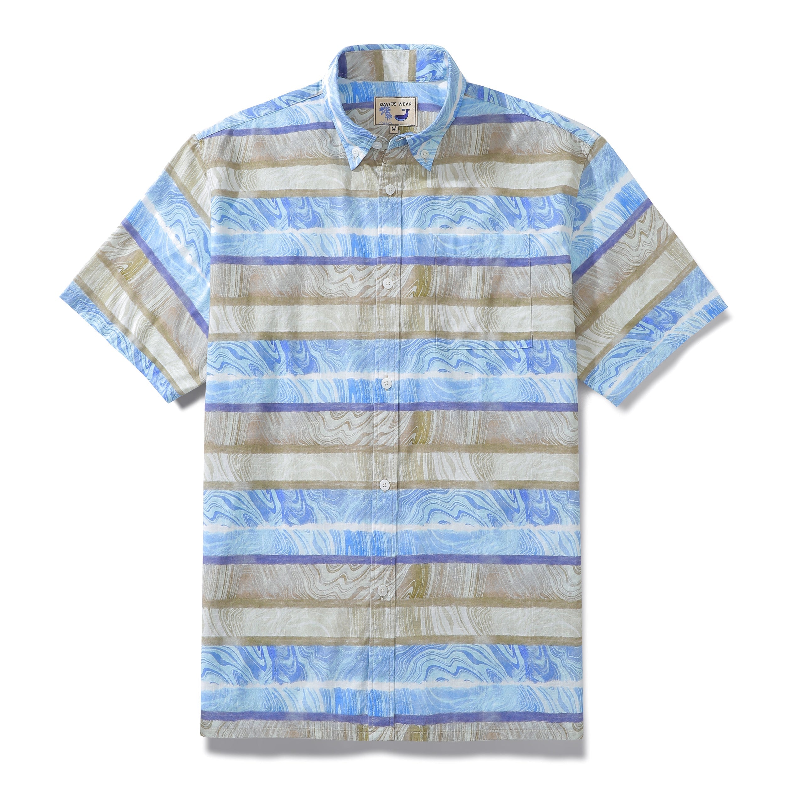 Men's Horizontal Stripe Shirt Blue Waves Print Casual Short Sleeve Button Down By Sylvia