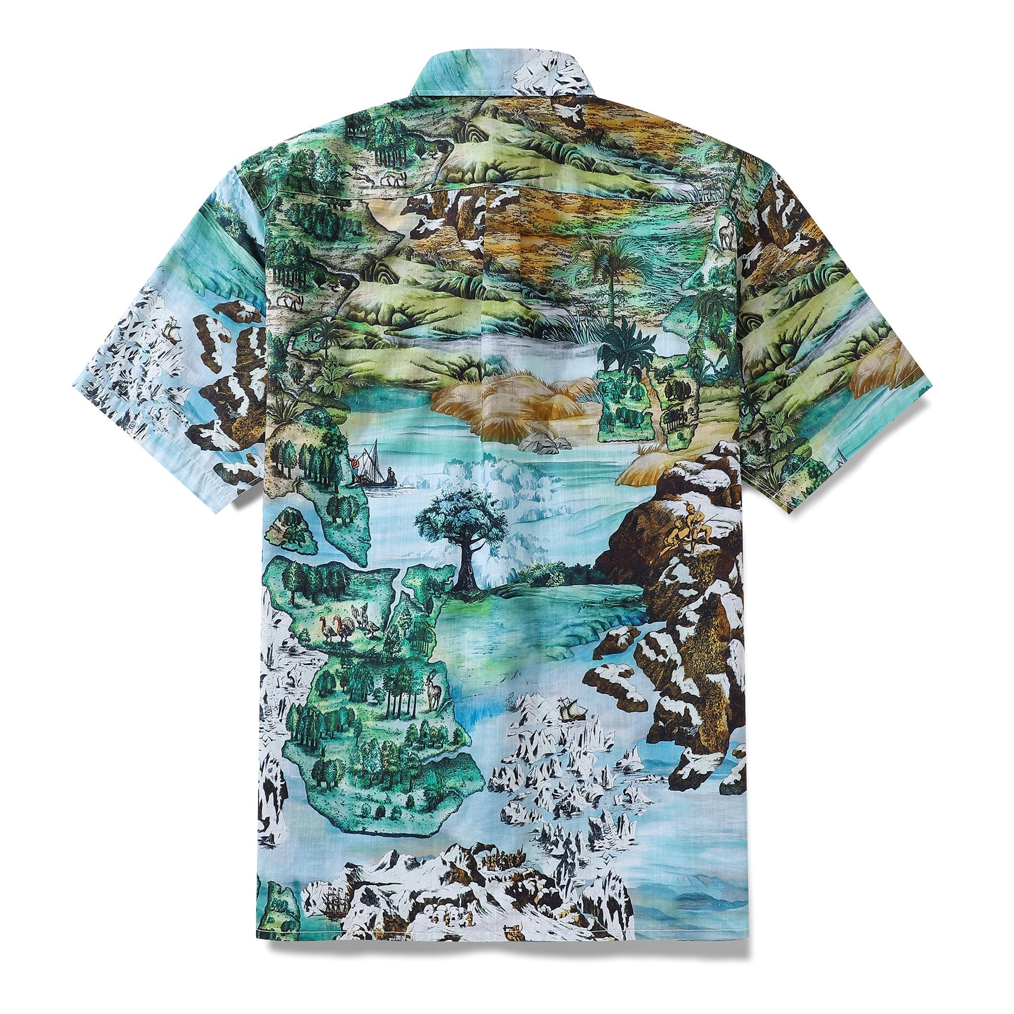 Men's Hawaiian Shirt 1950s Vintage Map Print Cotton Button-down Short Sleeve Aloha Shirt By Sylvia