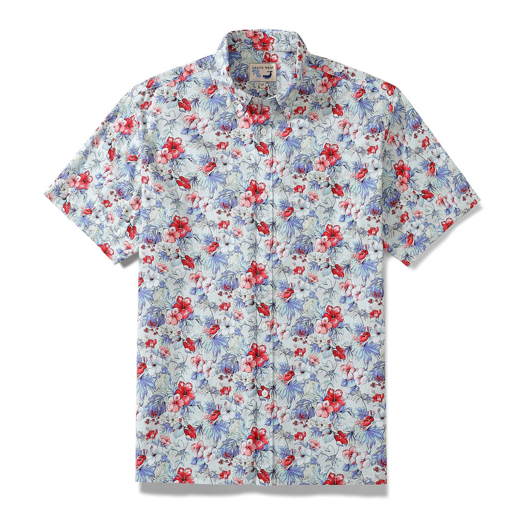 Men's Hawaiian Shirt Tropical Hibiscus Floral Cotton Aloha Shirt Button Down By Amy