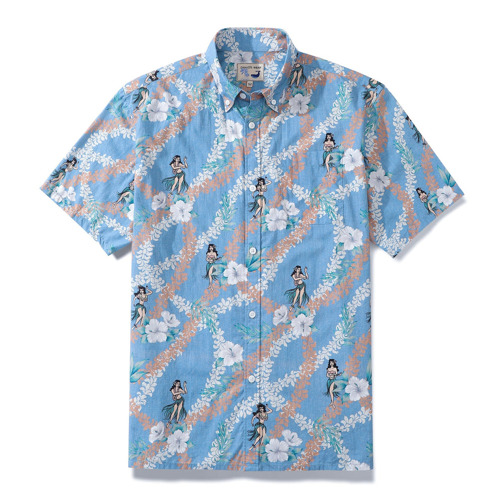 Hawaiian Shirt For Men Blue Short Sleeve Hawaii Hula Dance Print Designer Shirt By Amy
