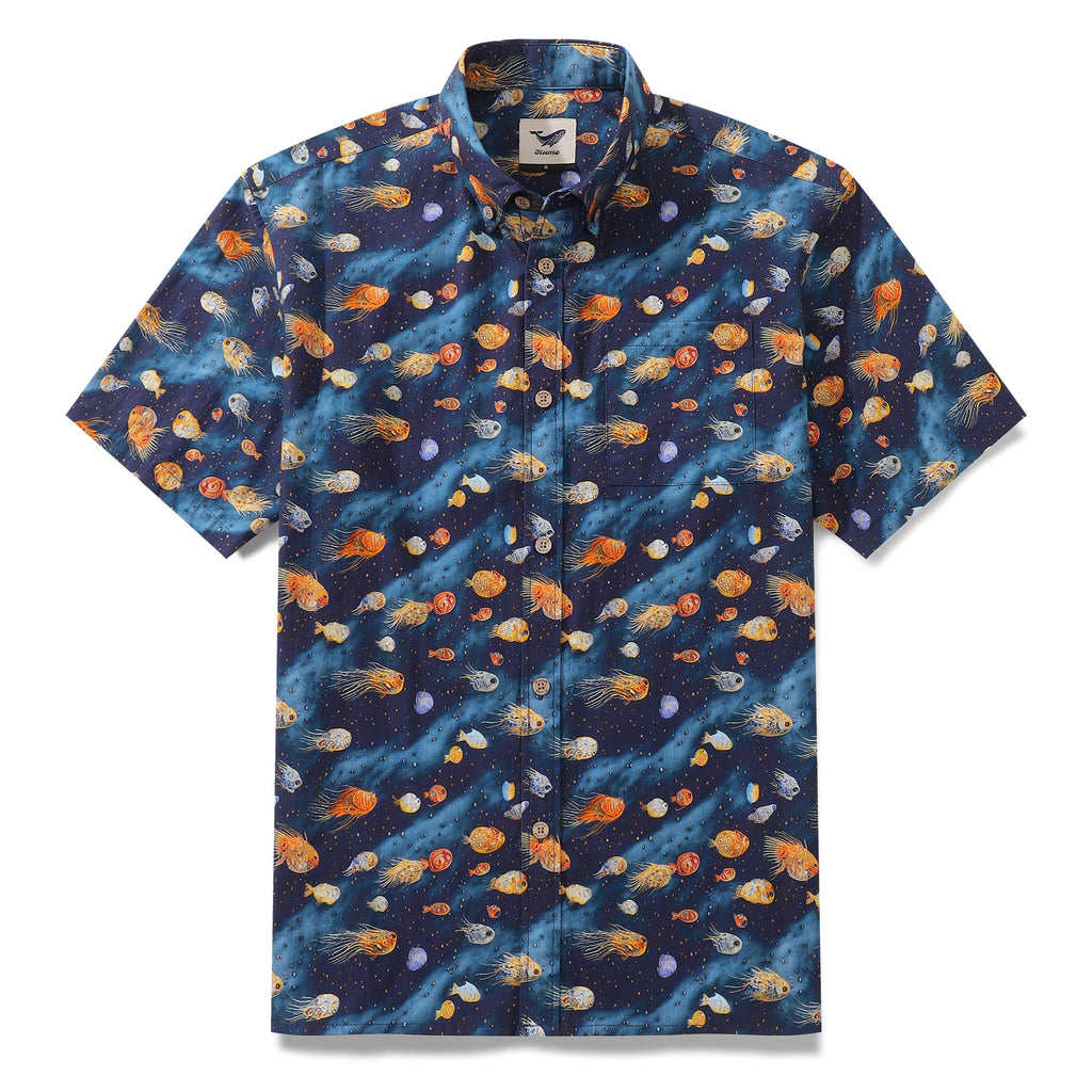 Men's Hawaiian Shirt Aquatic Reverie Print Cotton Button-down Short Sleeve Aloha Shirt By Amy