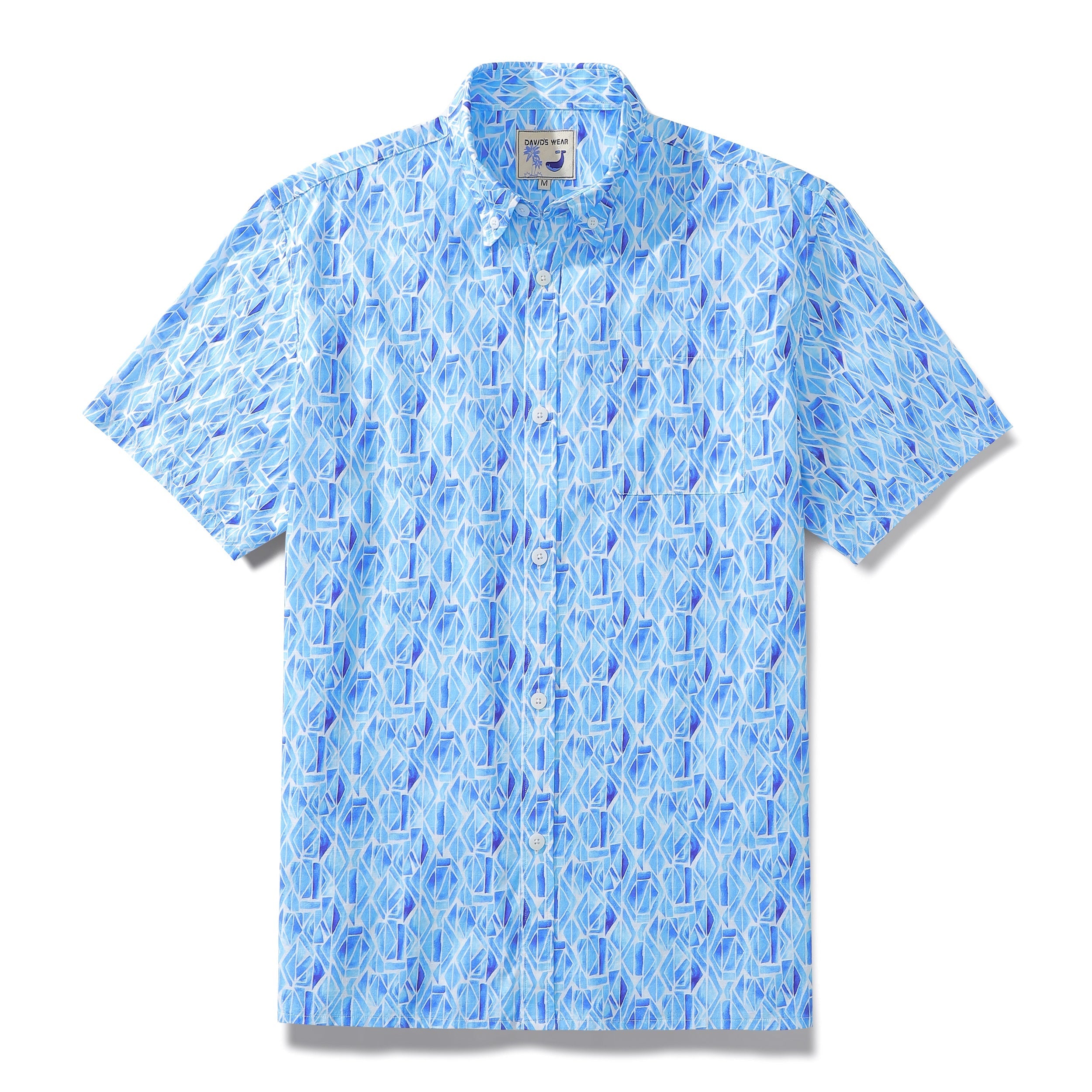 Men's Short Sleeve Shirt Men Hawaii Blue Geometry Print Cotton Button Down By Amy