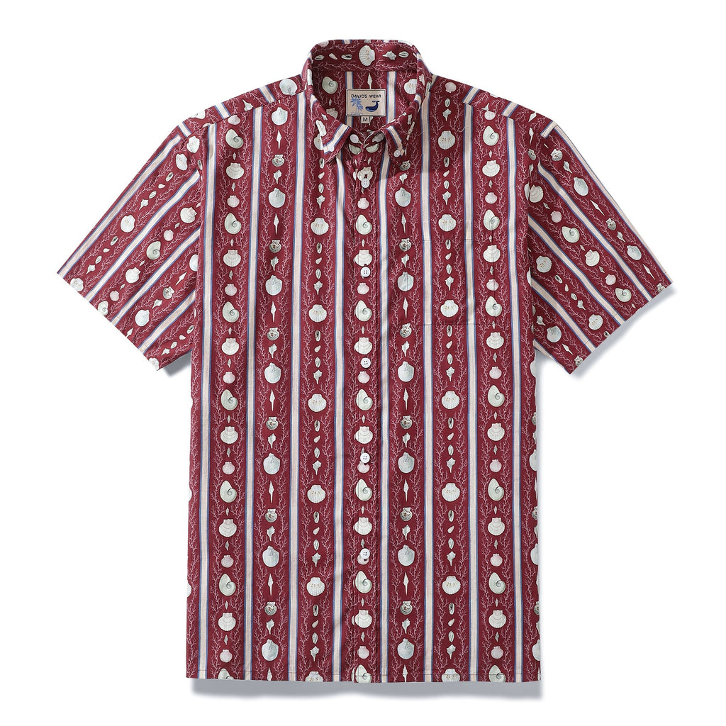Hawaiian Shirt For Men Red Vintage Cotton Shirt Vertical Striped Shell Short Sleeve By Amy