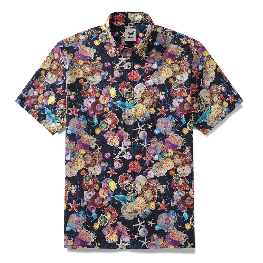 Men's Hawaiian Shirt Coral Wonderland Print Cotton Button-down Short Sleeve Aloha Shirt By Sylvia