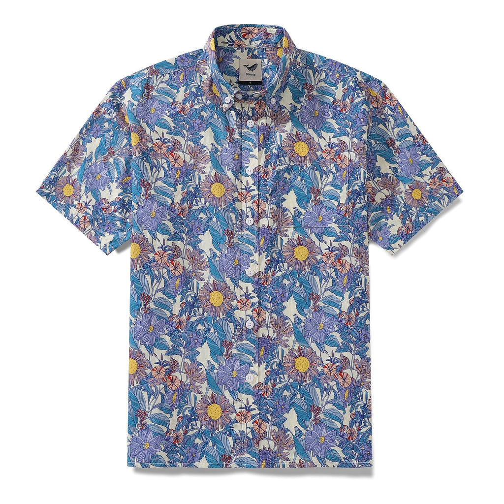 Men's Hawaiian Shirt Flower Sea Print Cotton Button-down Short Sleeve Aloha Shirt By Amy