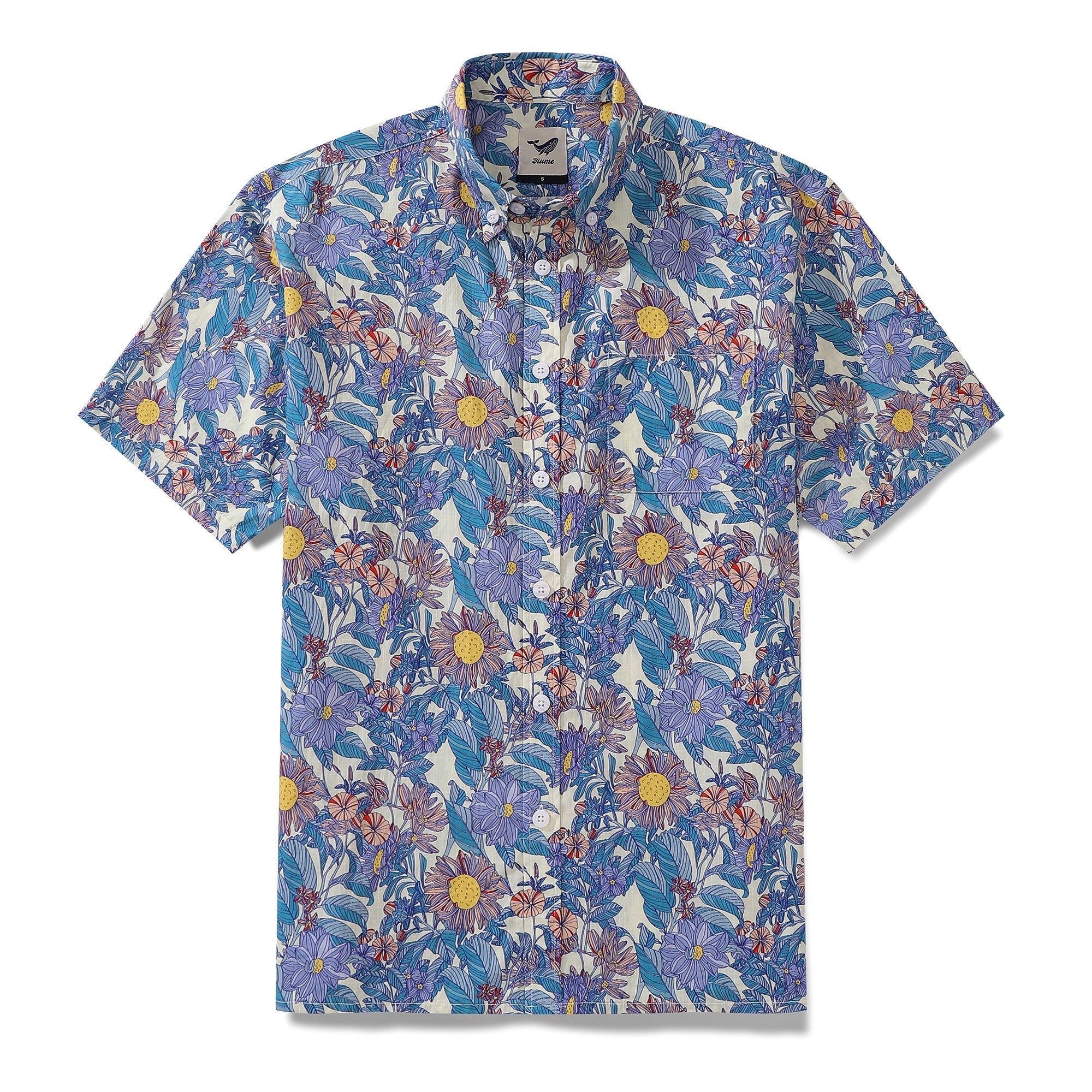 Men's Hawaiian Shirt Flower Sea Print Cotton Button-down Short Sleeve Aloha Shirt By Amy