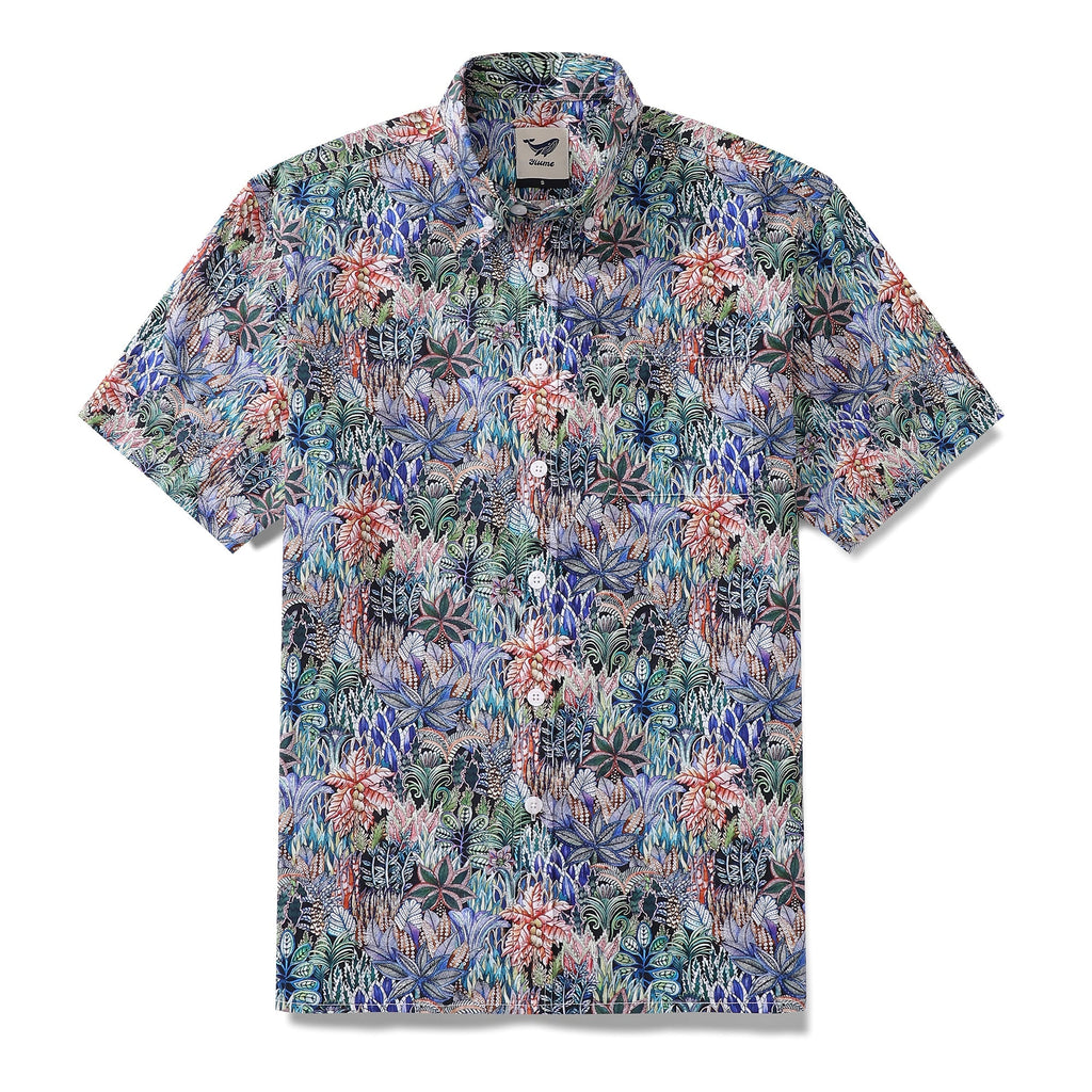 Men's Hawaiian Shirt Mysteries of the Jungle Print Cotton Button-down Short Sleeve Aloha Shirt By Sylvia