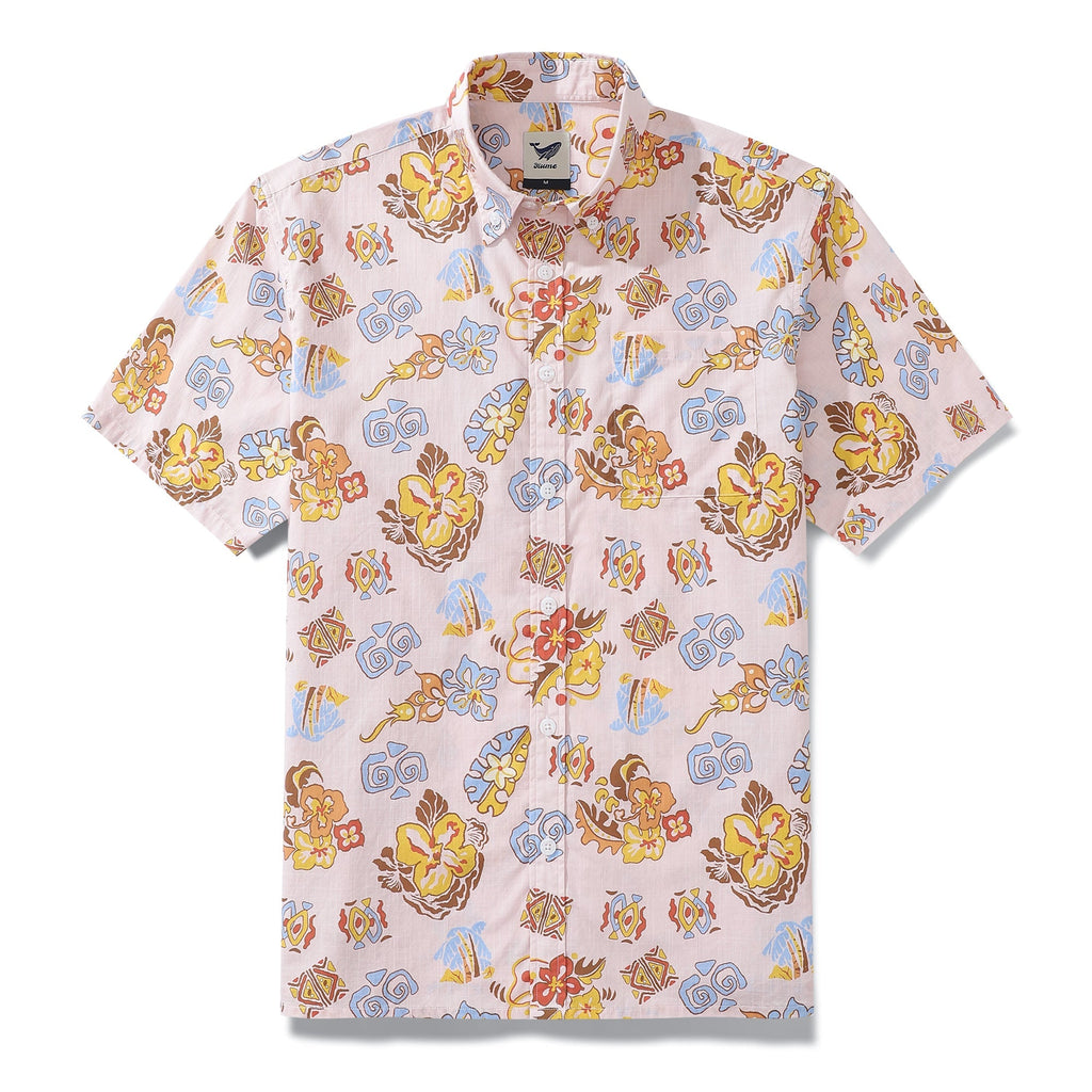Men's Hawaiian Shirt Pink Retro Era Print Cotton Button-down Short Sleeve Aloha Shirt By Evan