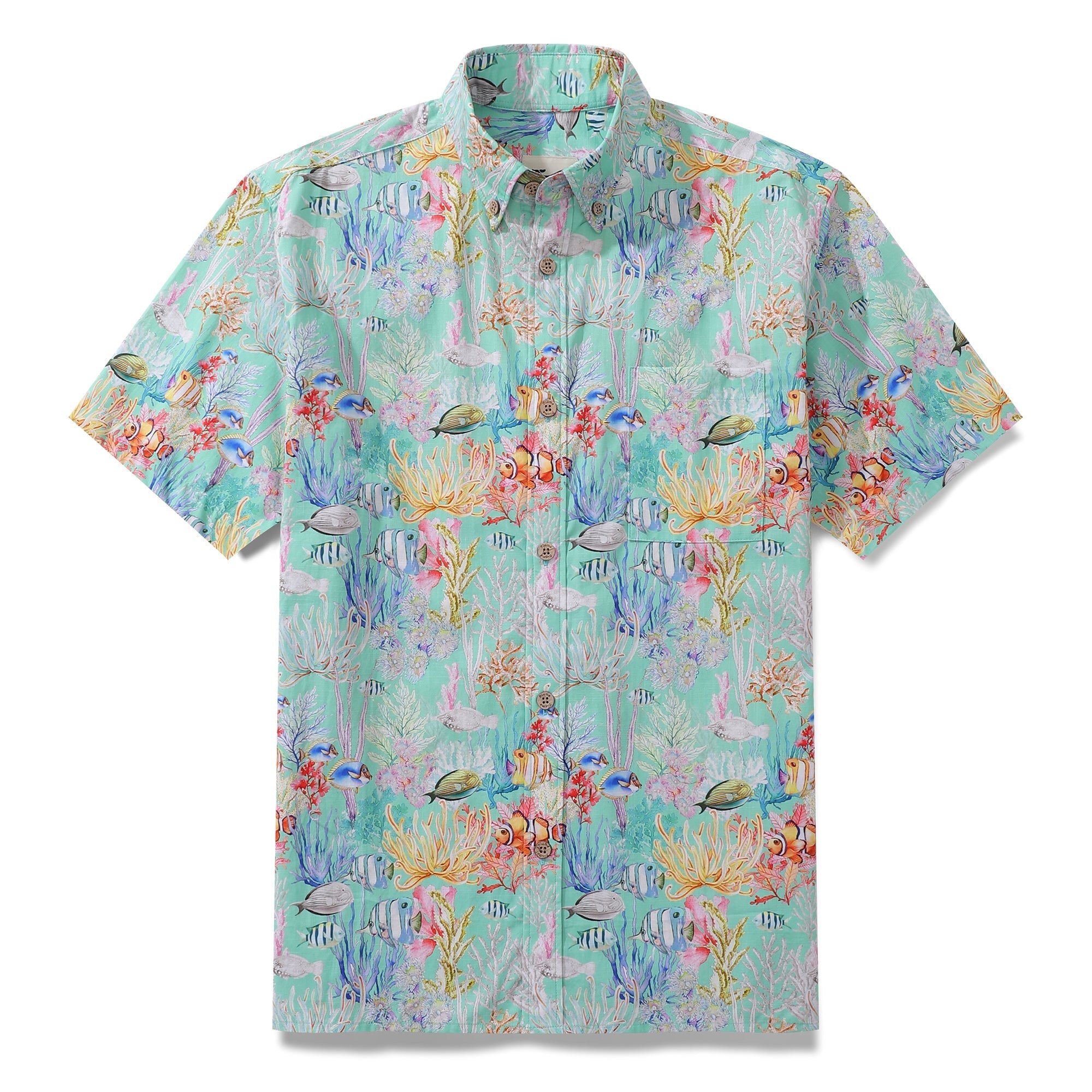 Men's Hawaiian Shirt Blue Sea Amusement Park Cotton Button-down Short Sleeve Aloha Shirt By Sylvia