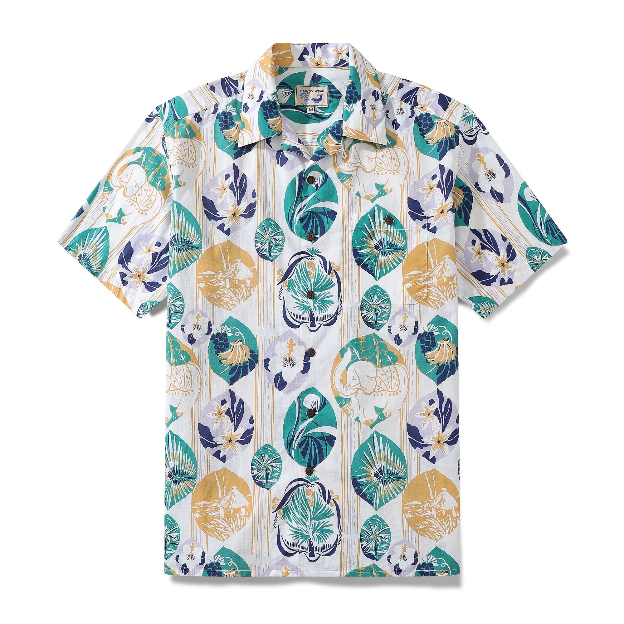 Striped Base Fabric with Vintage Tropical Flower Print Short-Sleeved Hawaiian Shirt By Evan