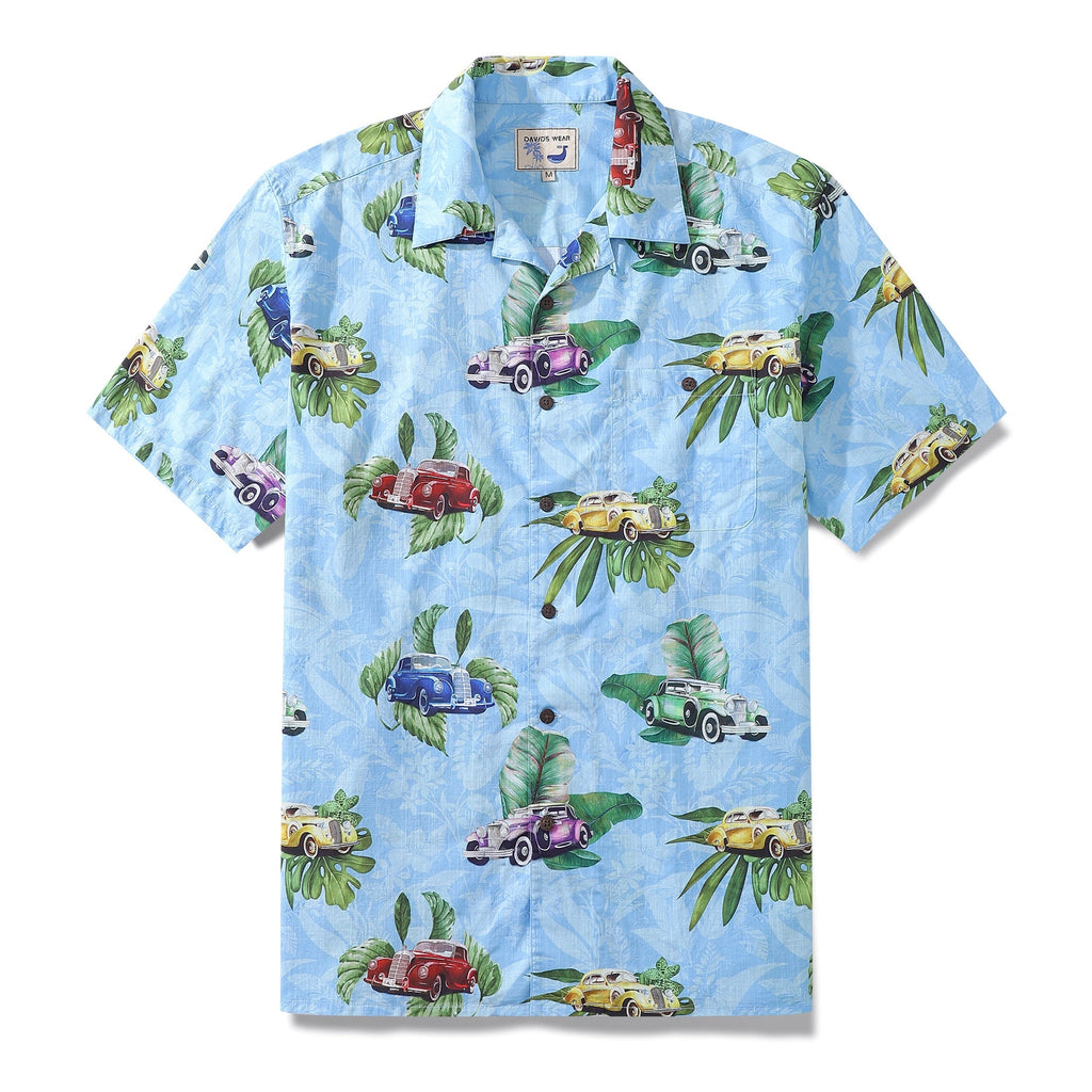 Hawaiian Shirt For Men Old-Fashioned Car Shirt Camp Collar 100% Cotton By Sylvia