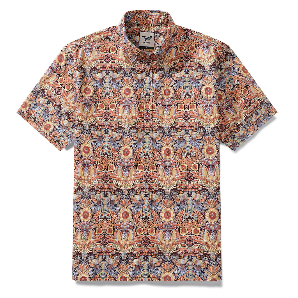 Men's Hawaiian Shirt Mystical Garden Print Cotton 1940s Vintage Short Sleeve Aloha Shirt By Sylvia