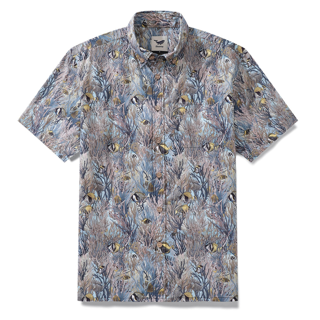 Men's Hawaiian Shirt Dance of the Tropical Fish Print Cotton Button-down Short Sleeve Aloha Shirt By Amy