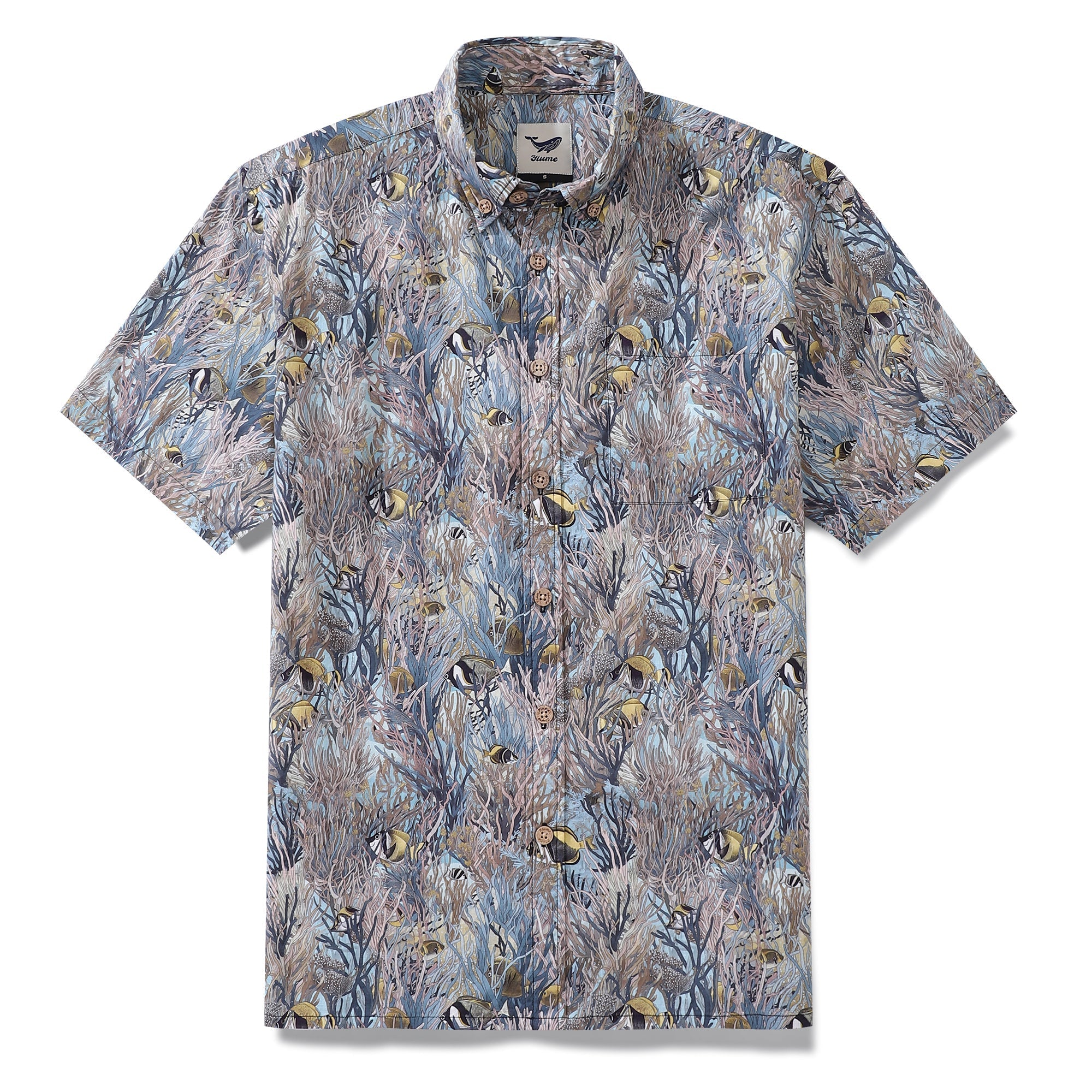Men's Hawaiian Shirt Dance of the Tropical Fish Print Cotton Button-down Short Sleeve Aloha Shirt By Amy
