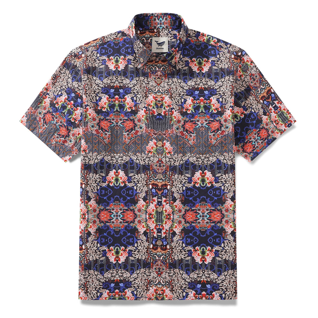 Men's Hawaiian Shirt Blossoms of Antiquity Print 1940s Vintage Short Sleeve Aloha Shirt By Amy