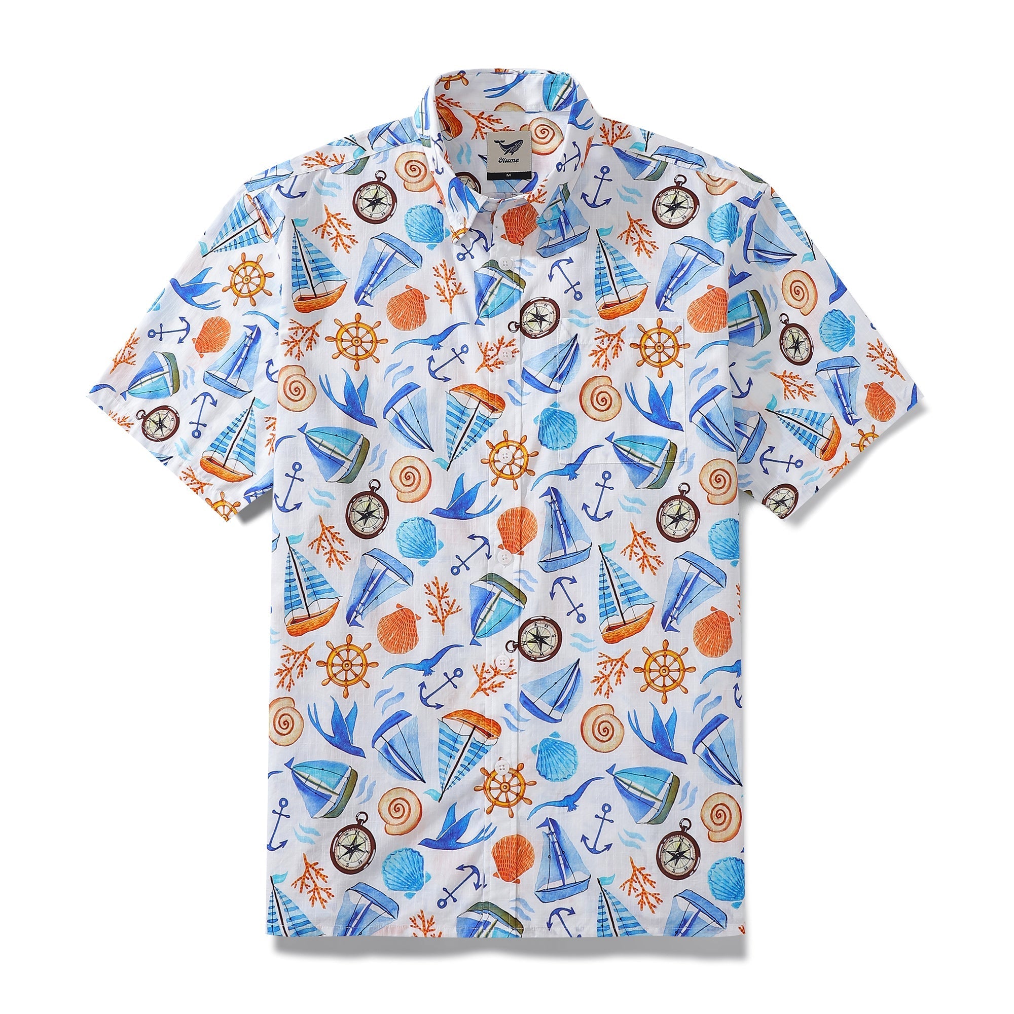 Men's 1970s Vintage Hawaiian Shirt Sailing Adventure Print Cotton Button-down By Julia Madoka