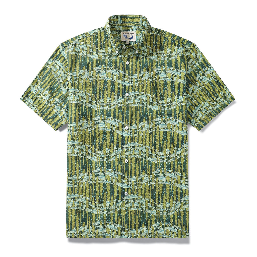 Hawaiian Shirt For Men Cod and Seaweed Print Short Sleeve Cotton Button Down By Amy