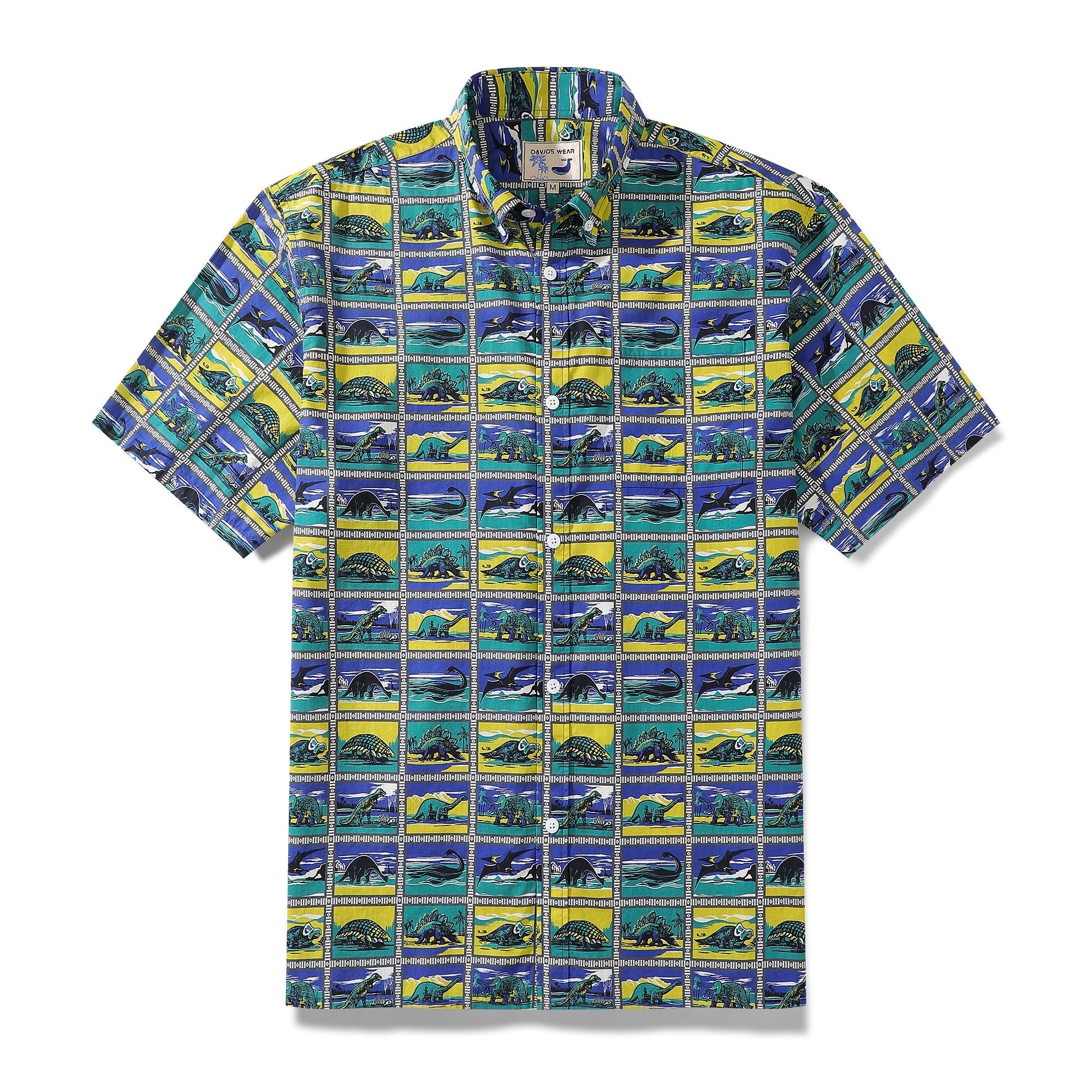 Hawaiian Shirts for Men Retro Dinosaur Stamp Collection 100% Cotton Short-Sleeve By Amy