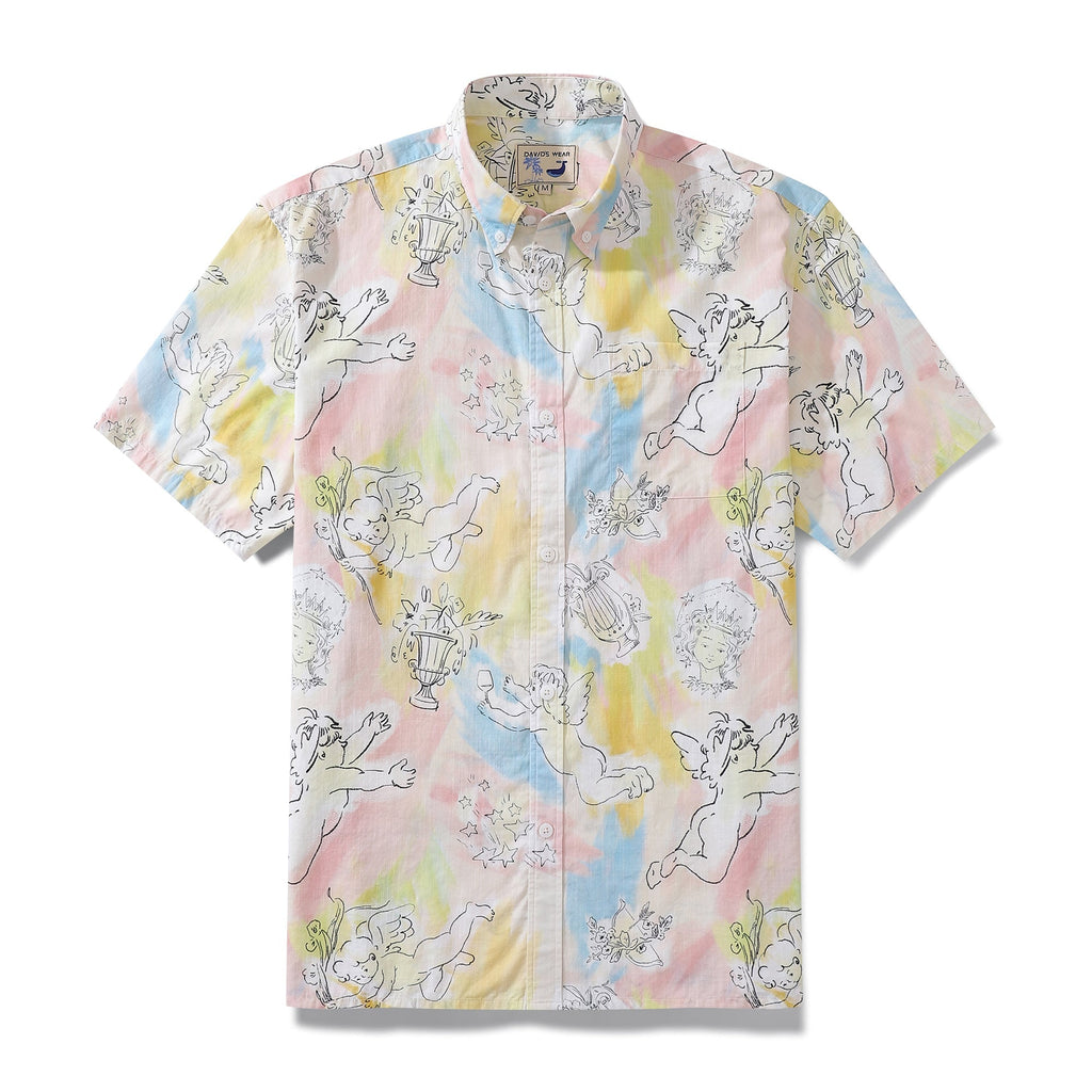 1980s Vintage Men's Hawaiian Shirt Angel's Ball Print Cotton Button-down Short Sleeve Aloha Shirt By Evan