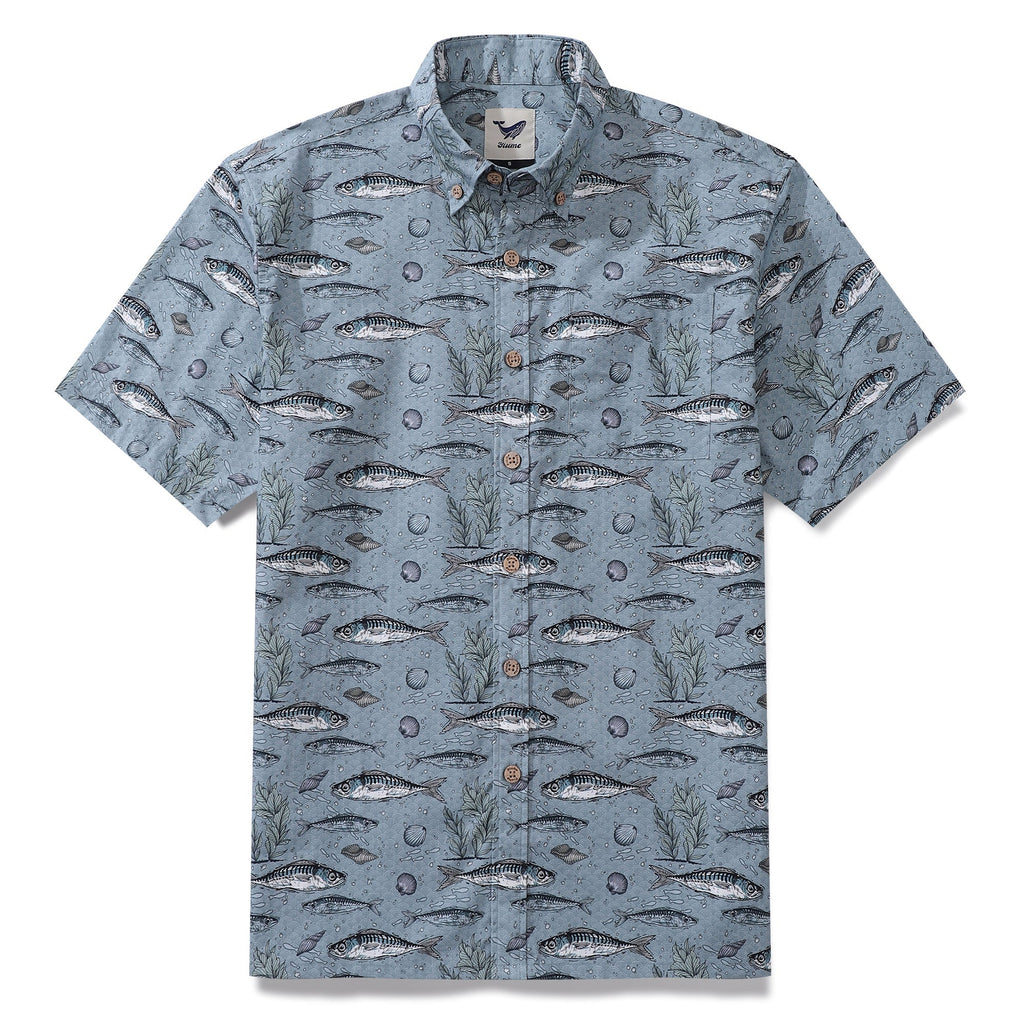 Fish Shirt For Men Gray Hawaiian Shirt Cotton Button-down Short Sleeve Aloha Shirt By Sun