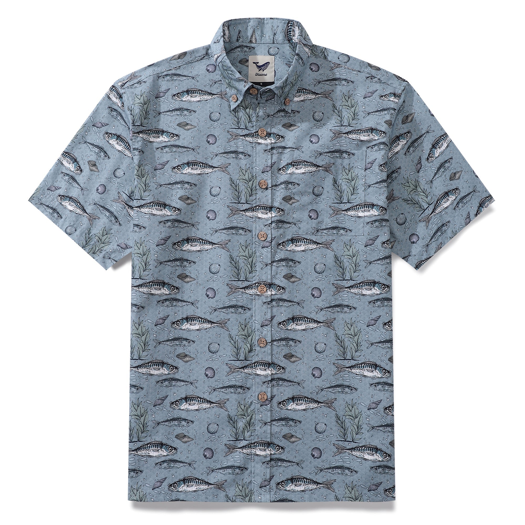 Fish Shirt For Men Gray Hawaiian Shirt Cotton Button-down Short Sleeve Aloha Shirt By Sun