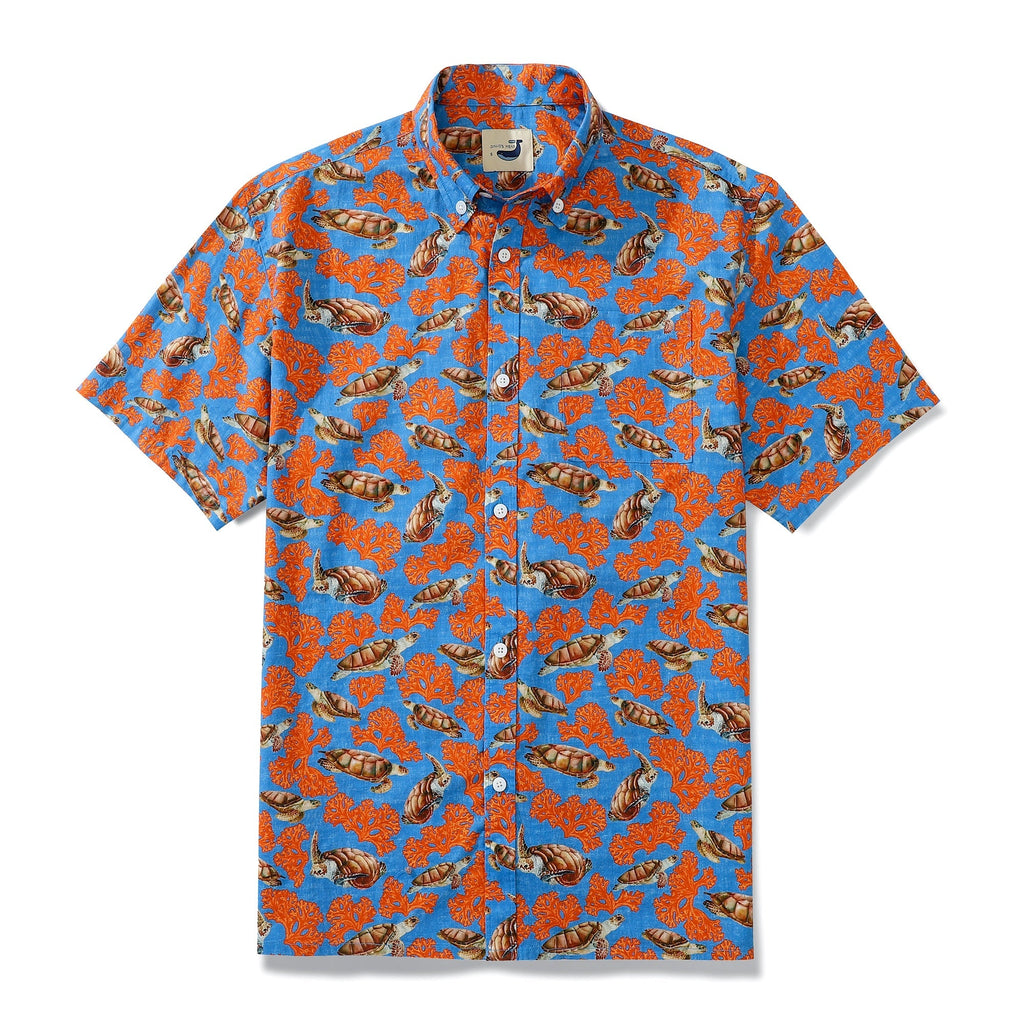 Sea Turtles And Coral Light Blue Men's Button-down Shirt 100% Cotton By Amy