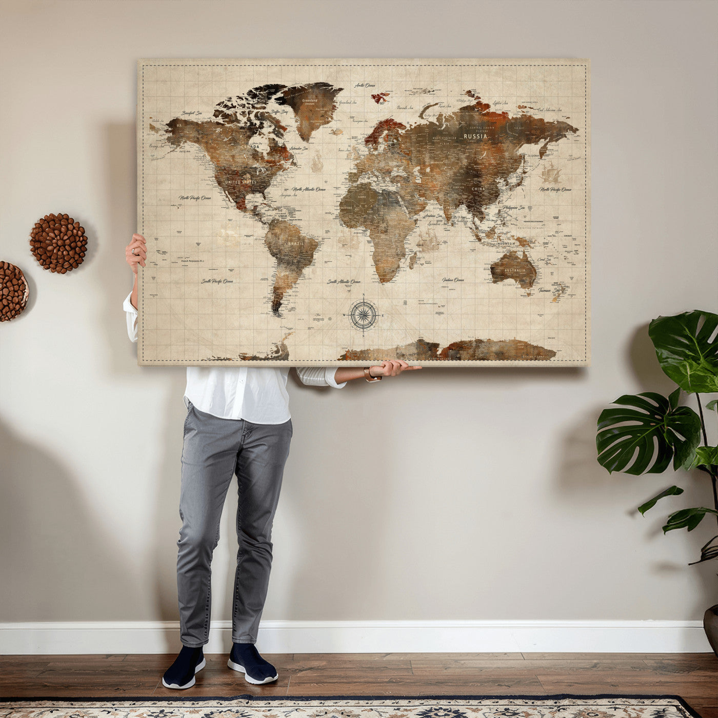 Vintage World Map Wall Art Canvas Print for Living Room,