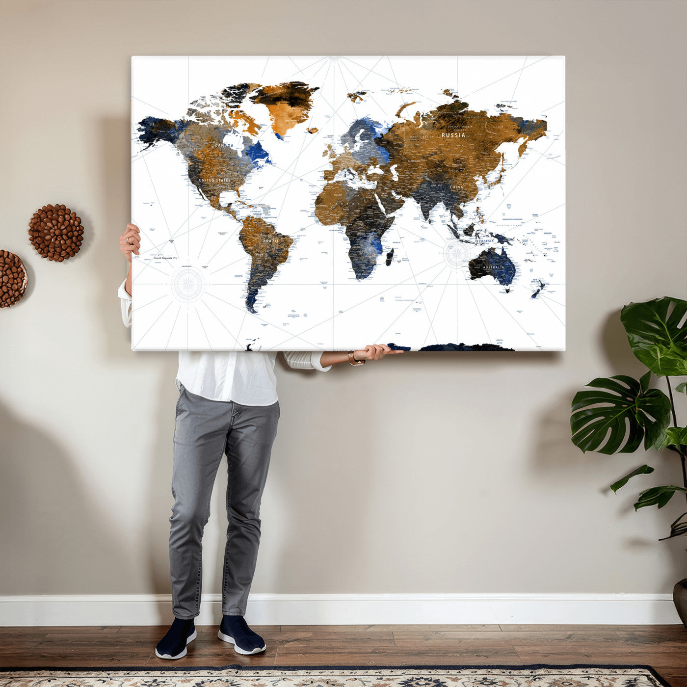 World Map Wall Art Canvas Print, Modern Decorative Framed