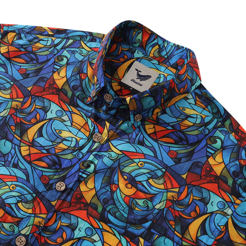 1960s Vintage Men's Hawaiian Shirt Cubism Print Cotton Button-down Short Sleeve Aloha Shirt By Sun