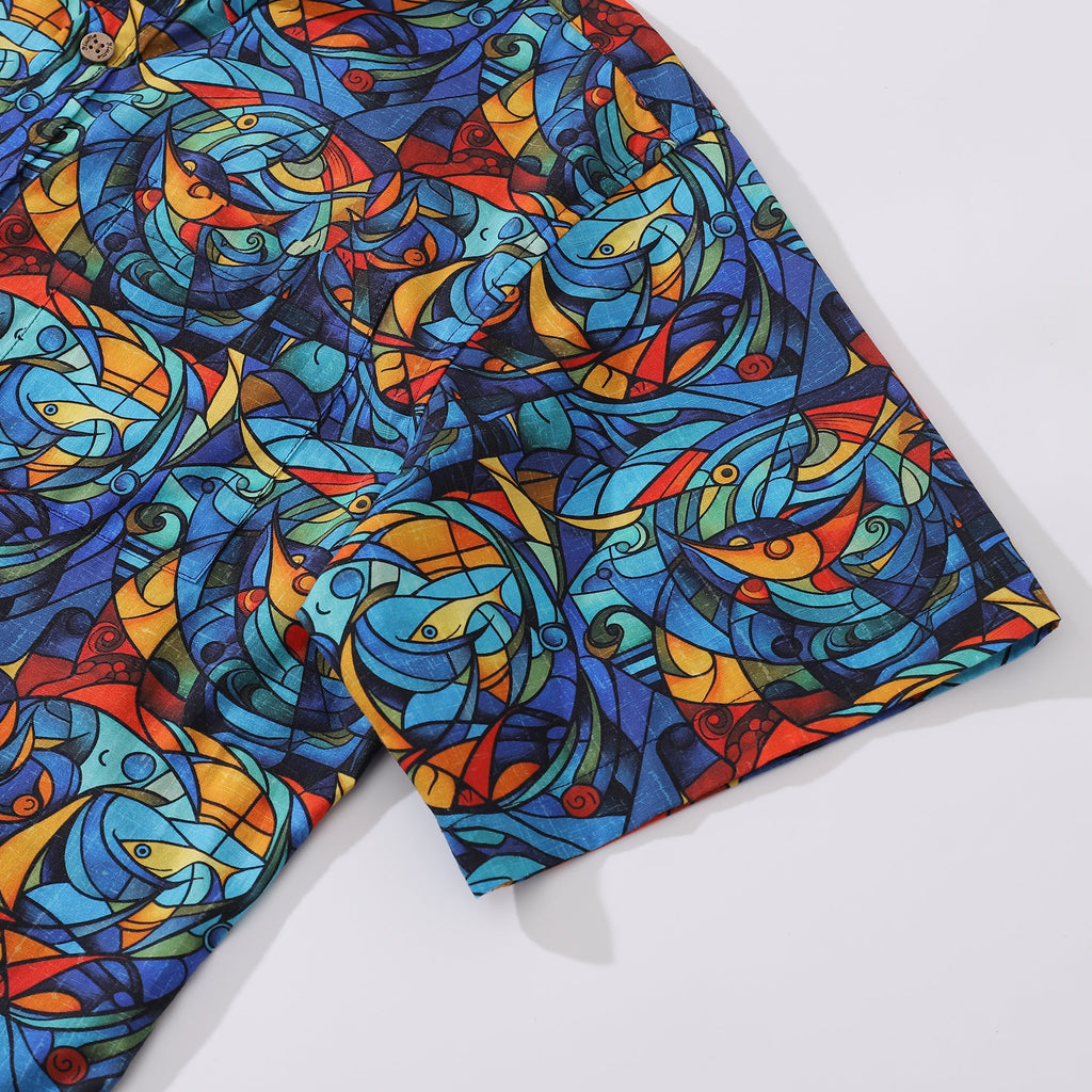 1960s Vintage Men's Hawaiian Shirt Cubism Print Cotton Button-down Short Sleeve Aloha Shirt By Sun