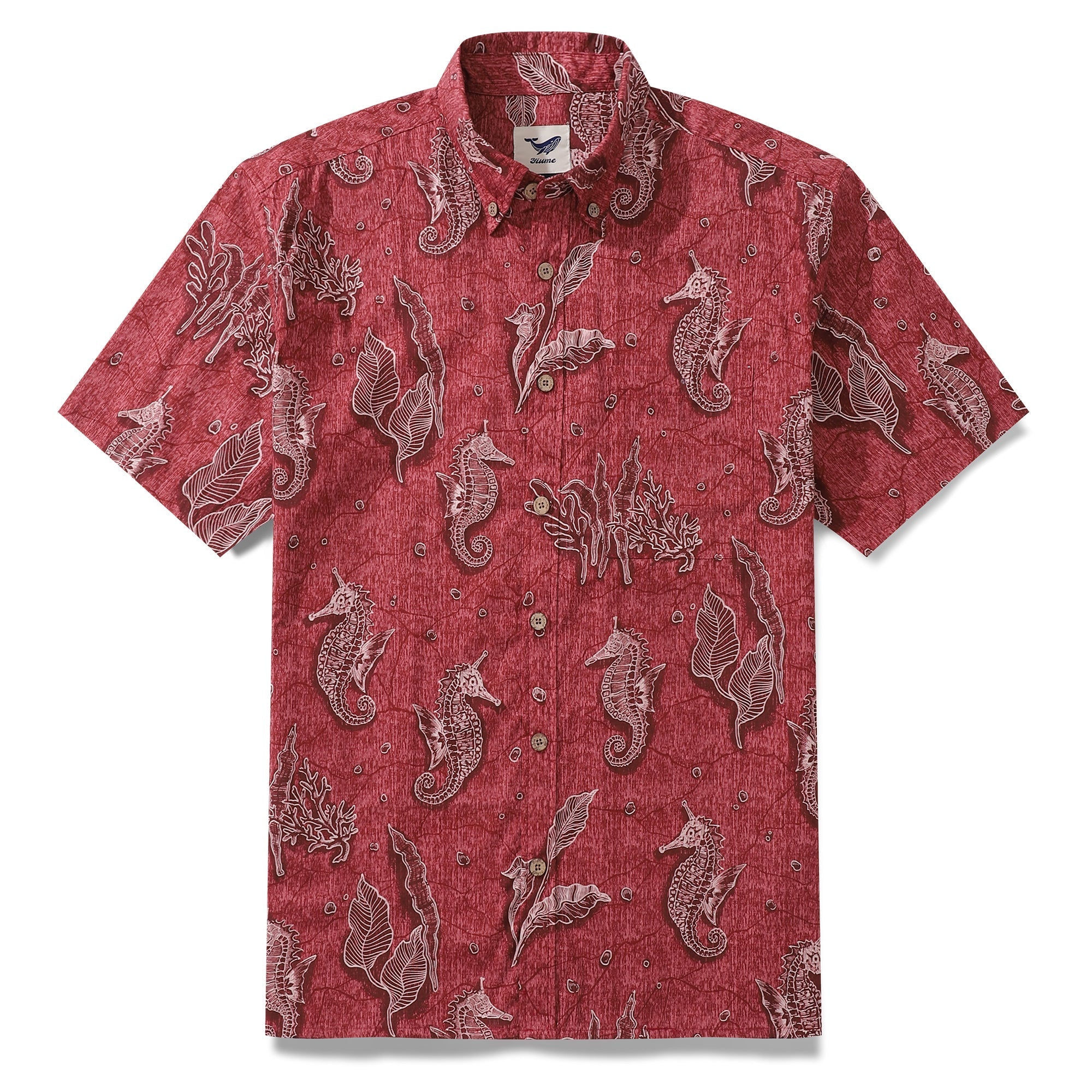 Red Hawaiian Shirt For Men Seahorses Shirt Button-down Short Sleeve 100% Cotton Shirt By Sun