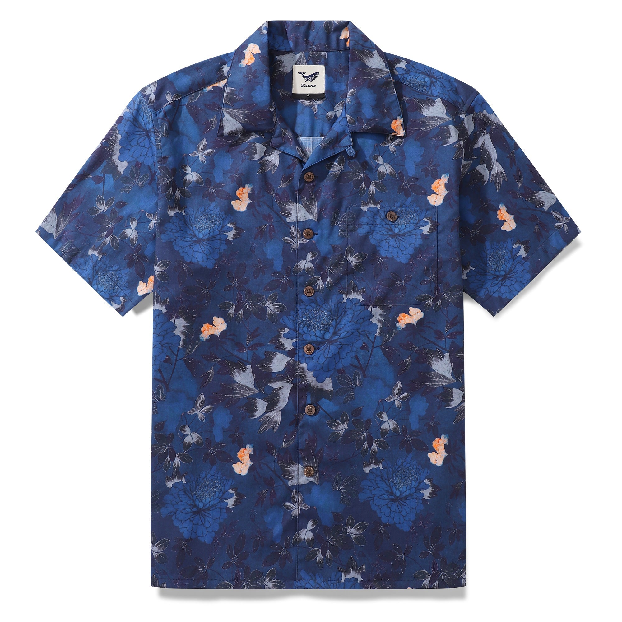 Dark Blue Hawaiian Shirt For Men Peony Shirt Camp Collar 100% Cotton Shirt By Seven